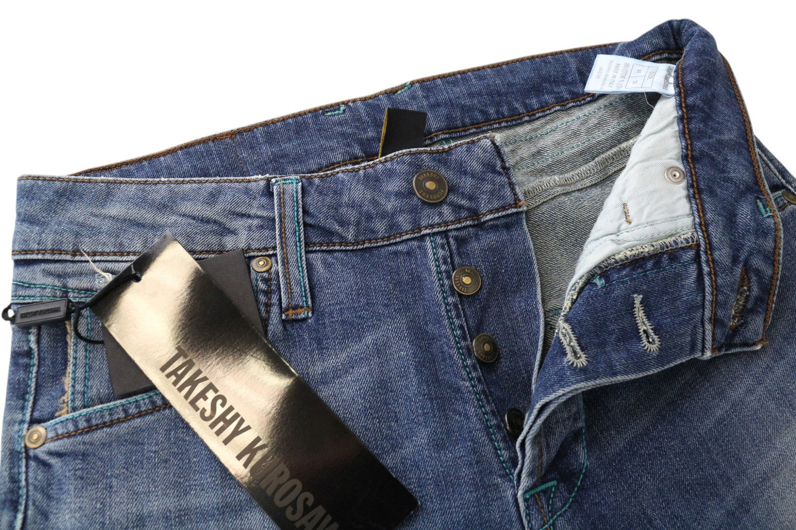 TAKESHY KUROSAWA TK75 Men Jeans W30 Blue Slim Distress Stretch Button-Fly