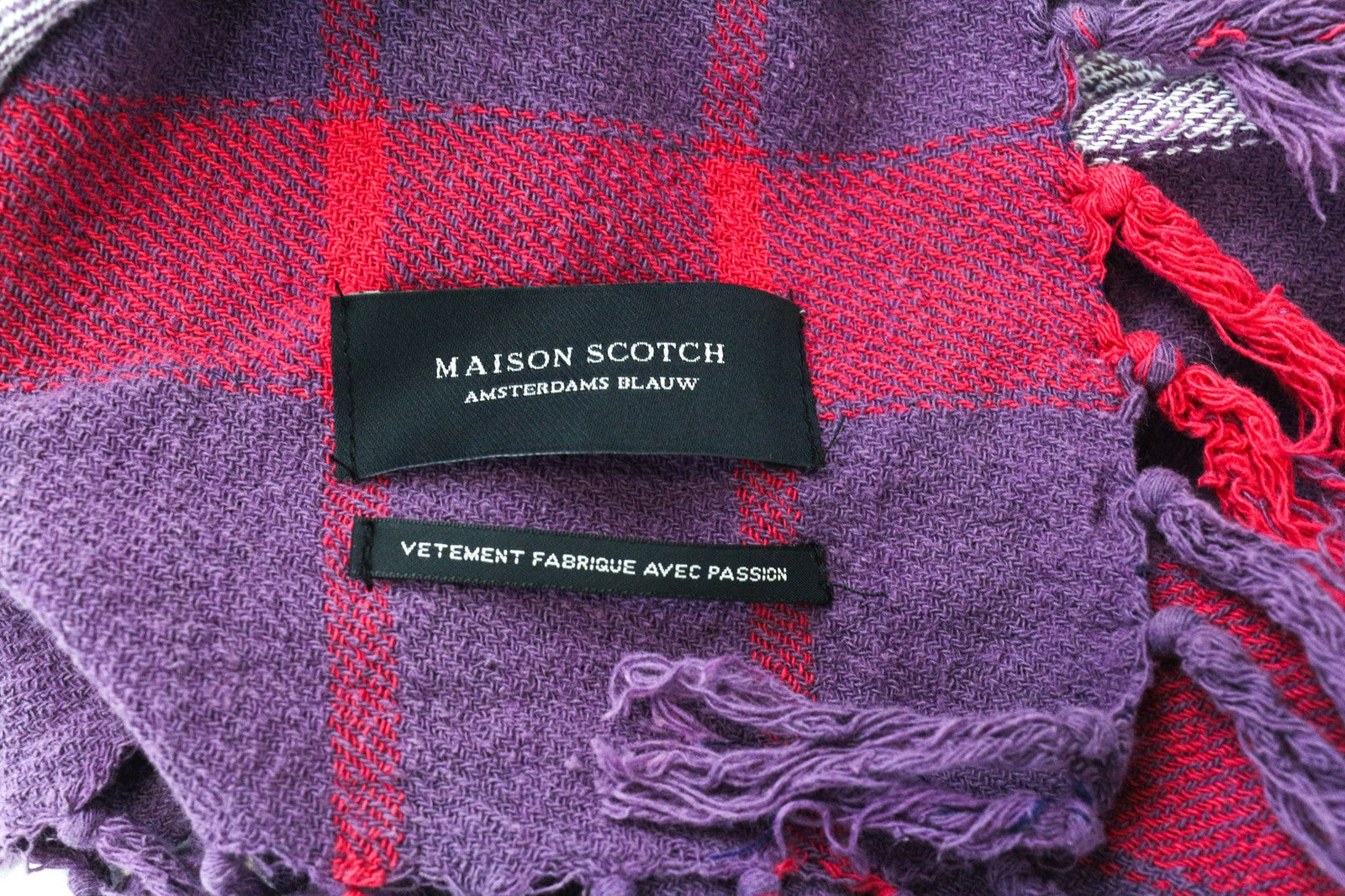 MAISON SCOTCH Women Scarf One Size Purple Tartan Checked Knit Twill Tassels