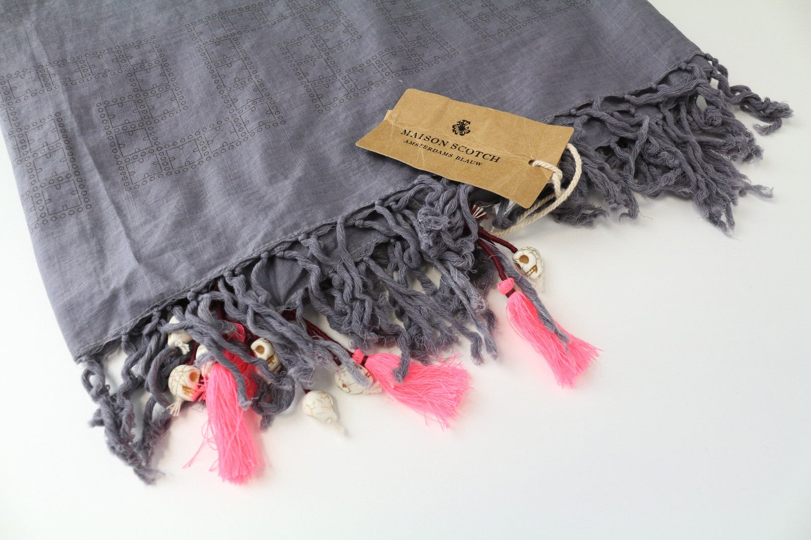 MAISON SCOTCH Women Scarf One Size Grey Knit Tasssels Thin Patterned Cotton