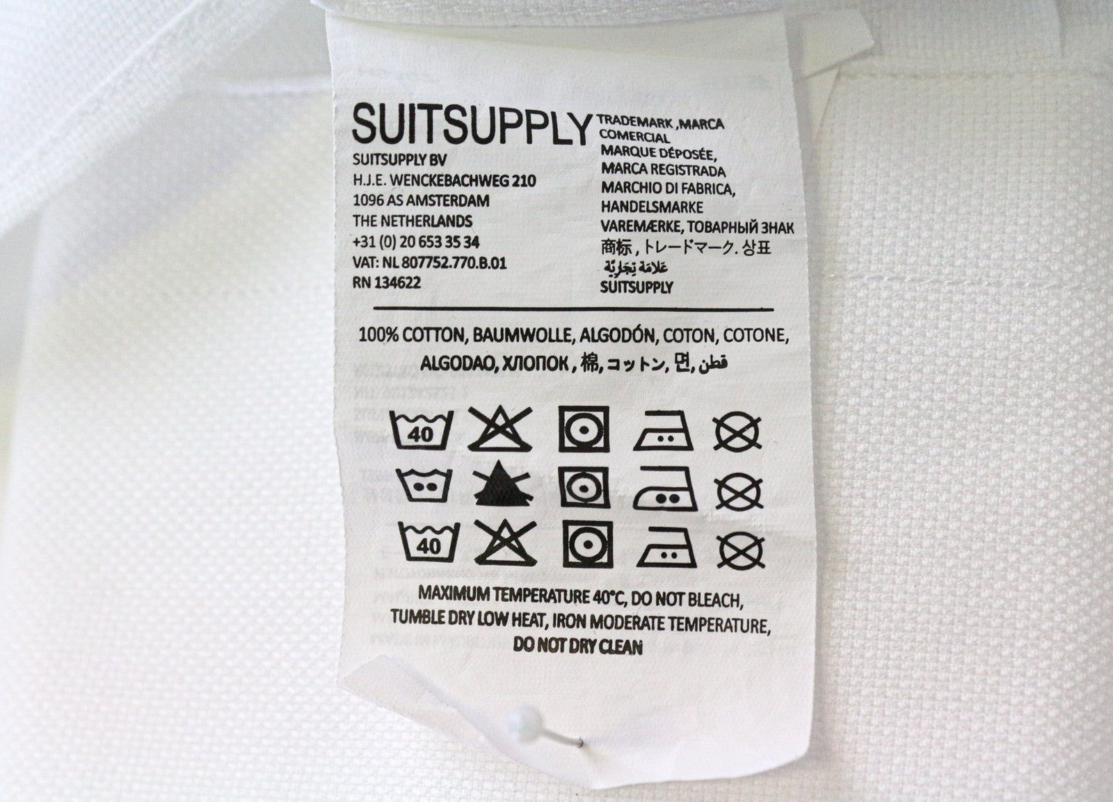 SUITSUPPLY Traveller Men Shirt 40/15 3/4 Slim White Pure Cotton Button-Up Twill