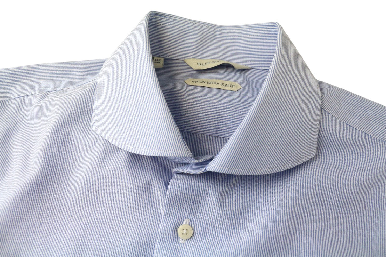 SUITSUPPLY Men Shirt 40-7/15 3/4L Extra Slim Blue Cotton Striped Long Sleeved