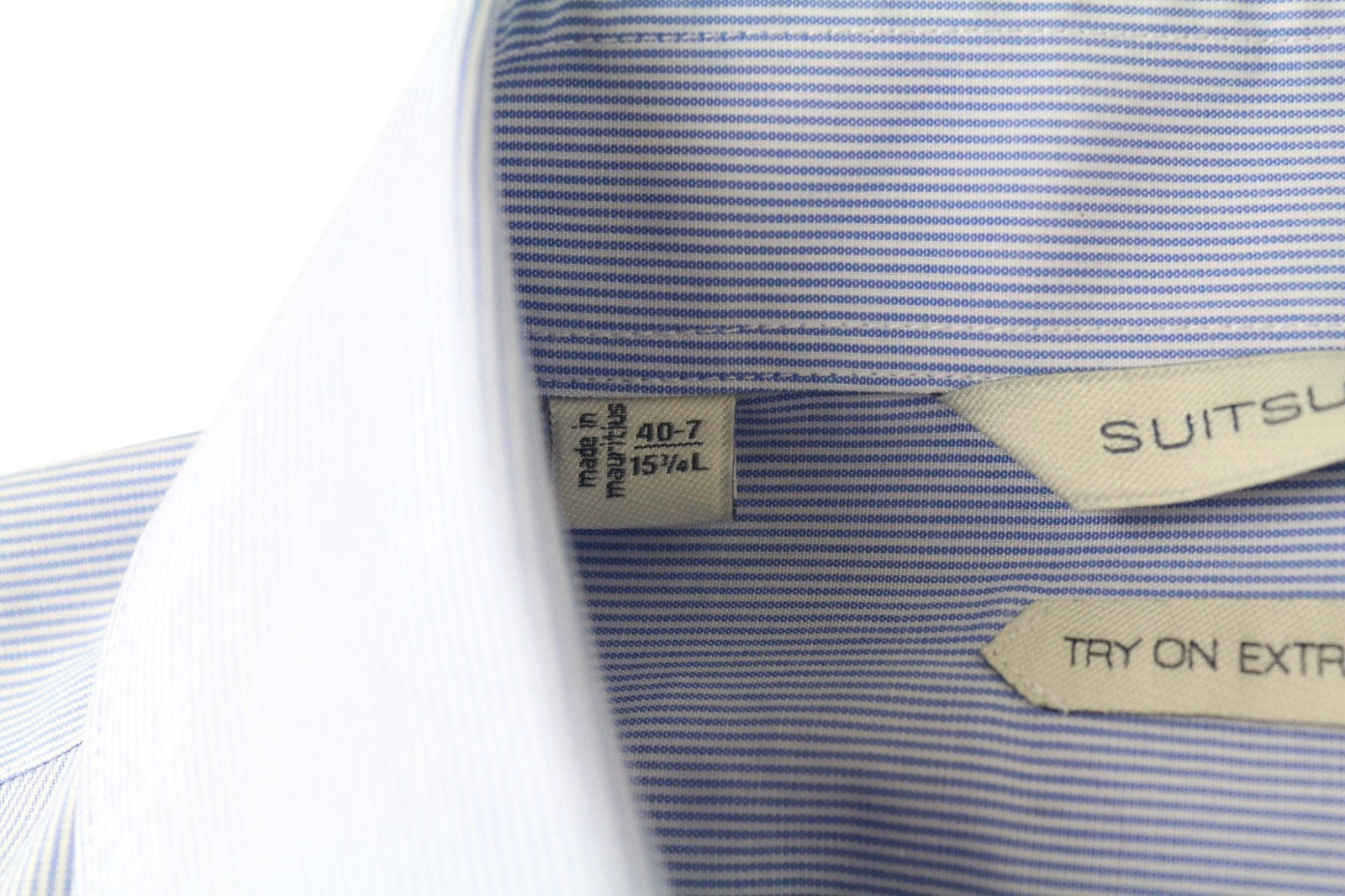 SUITSUPPLY Men Shirt 40-7/15 3/4L Extra Slim Blue Cotton Striped Long Sleeved