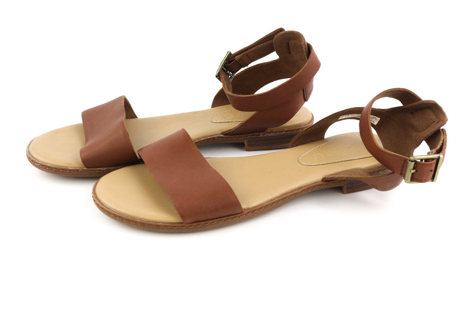 TIMBERLAND A1PCY Women Sandals EU37.5 EU38 Brown Leather Open Toe Buckle Flat