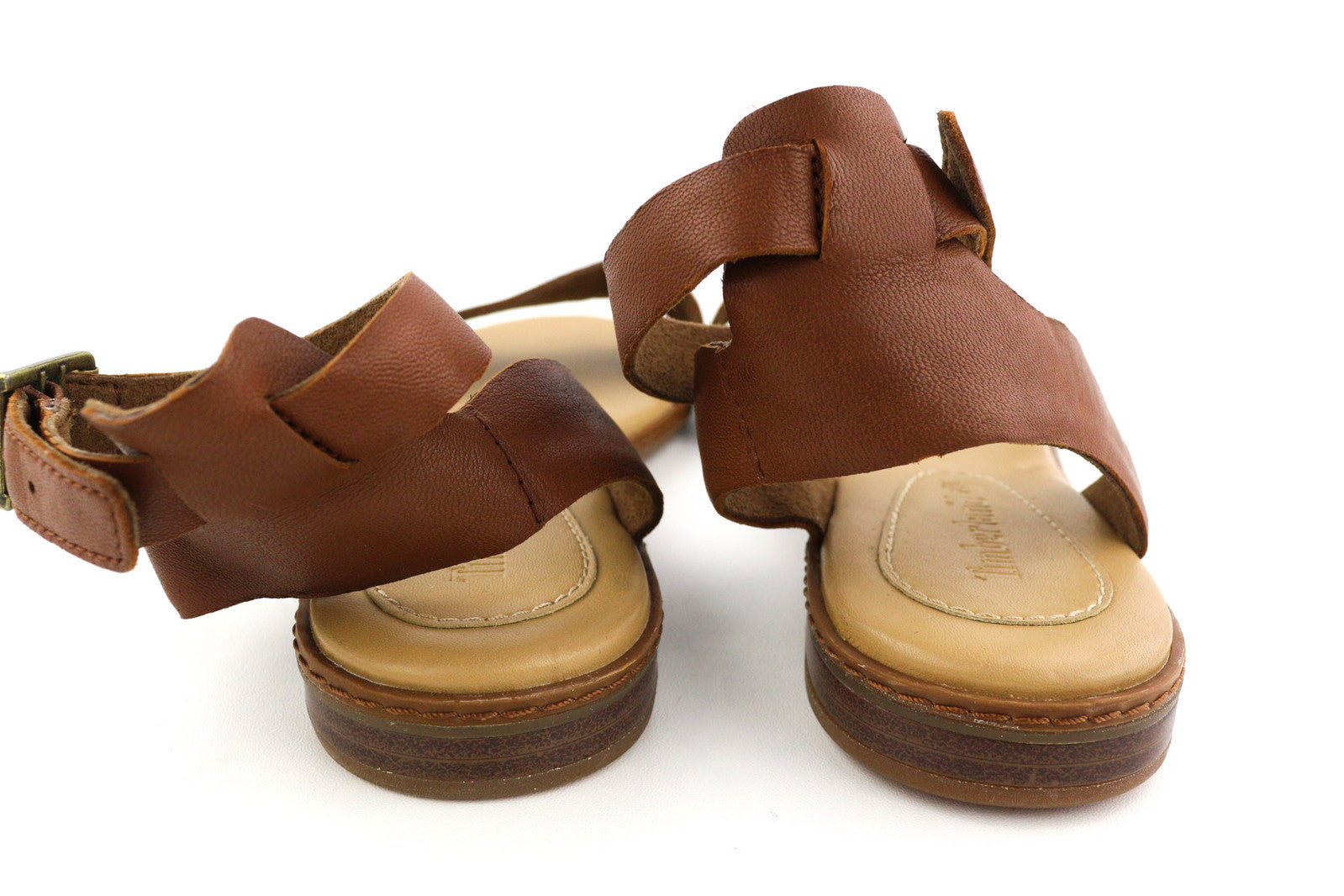 TIMBERLAND A1PCY Women Sandals EU37.5 EU38 Brown Leather Open Toe Buckle Flat