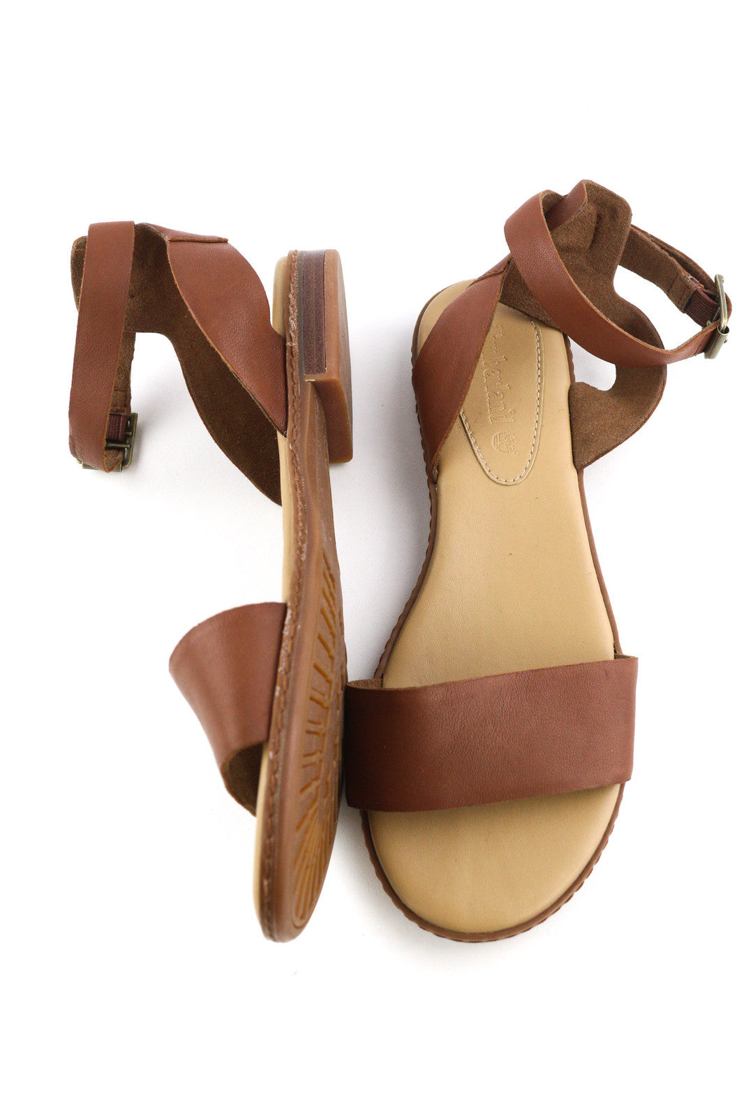 TIMBERLAND A1PCY Women Sandals EU37.5 EU38 Brown Leather Open Toe Buckle Flat