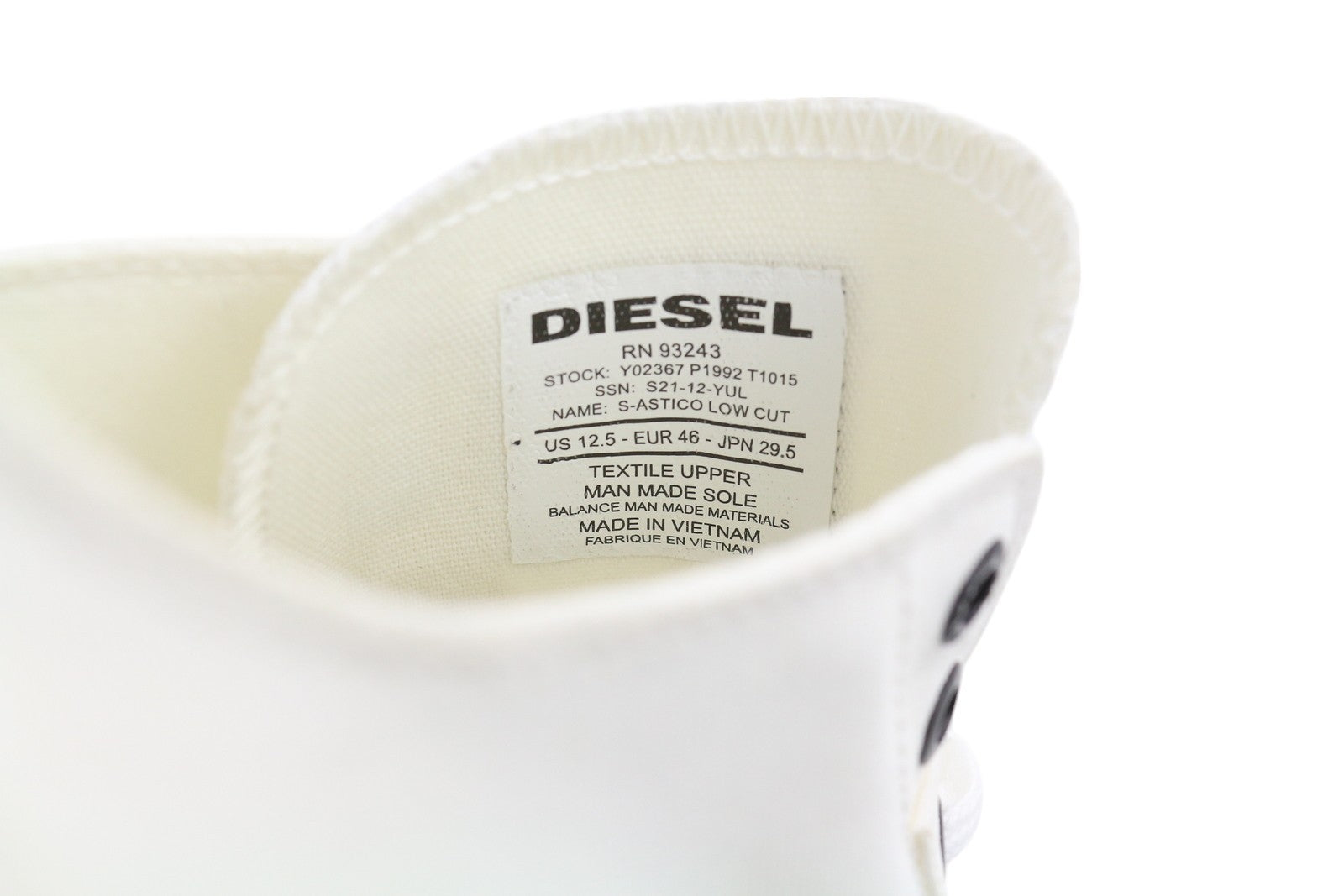 DIESEL S-Astico žemakulniai vyriški sportbačiai, EU46, balti, su raišteliais, migdolų nosimi, logotipas, RRP 120 € 
