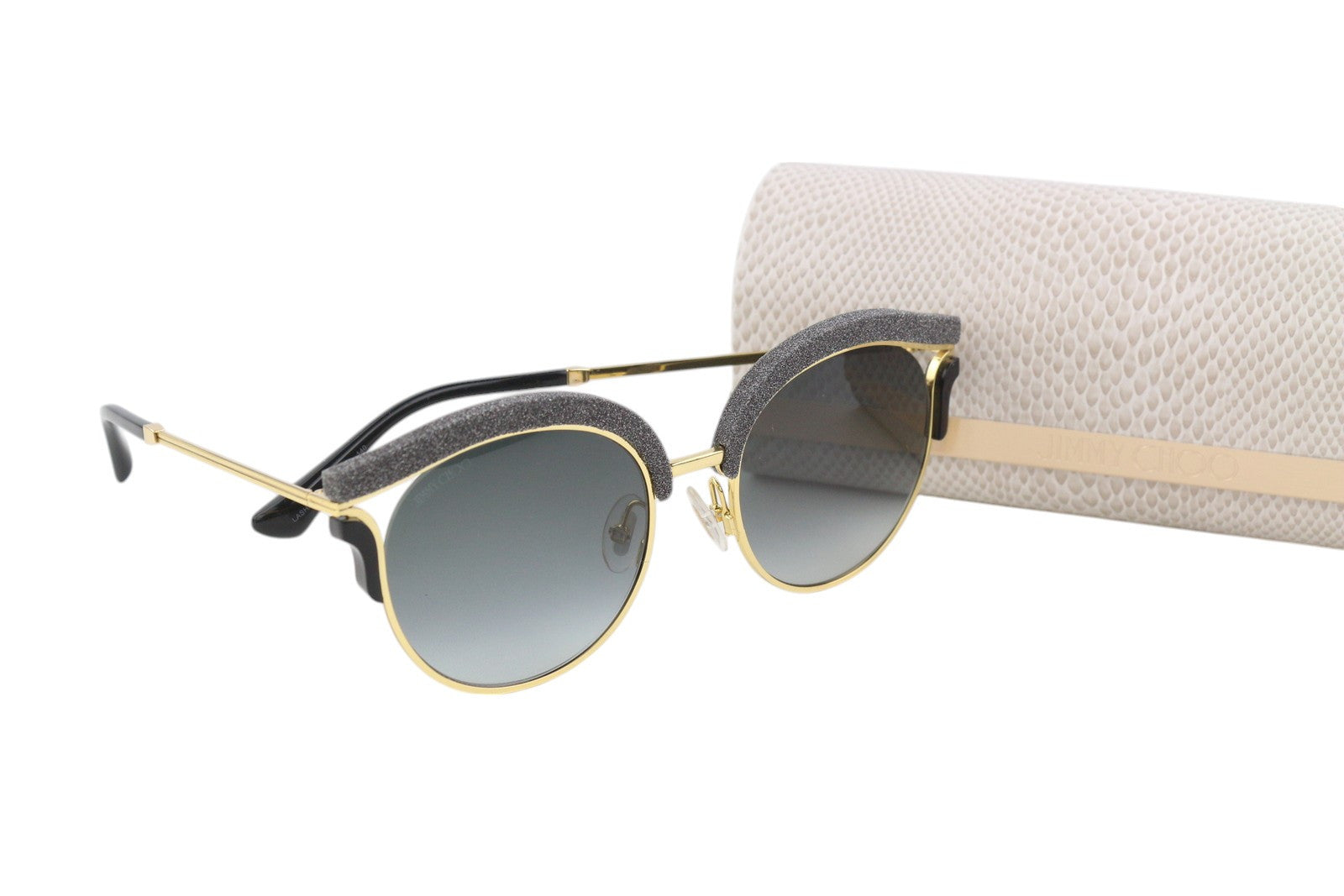 JIMMY CHOO Lash/S moteriški akiniai nuo saulės, VIENO DYDŽIO, aukso spalvos rėmeliai, ovalūs, blizgučiai. Rekomenduojama kaina – 599 €. 