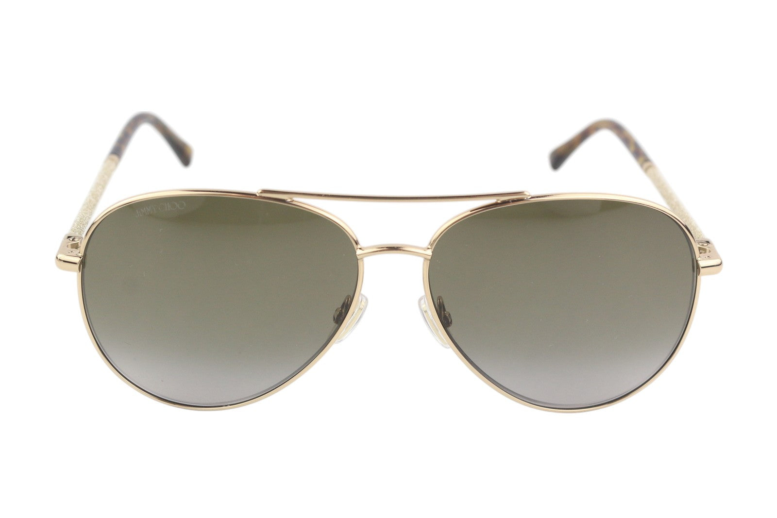 JIMMY CHOO Devan moteriški akiniai nuo saulės, VIENO DYDŽIO, blizgantys auksiniai rėmeliai su tonuotu logotipu, rekomenduojama kaina – 349 € 