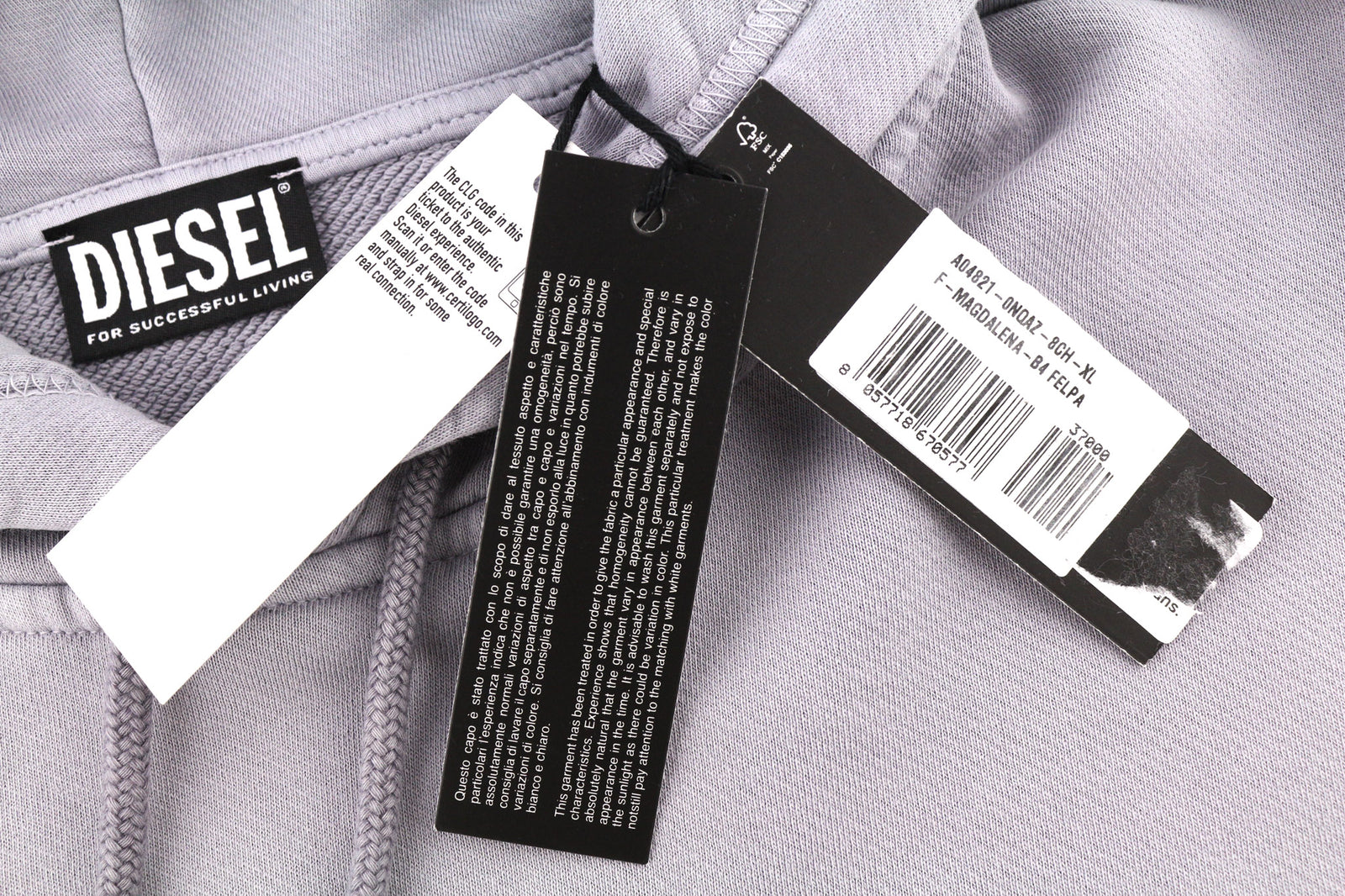 DIESEL F-Magdalena Felpa moteriškas džemperis su gobtuvu, XL dydžio, violetinis, skalbtas, megztinis su gobtuvu, rekomenduojama kaina – 175 € 