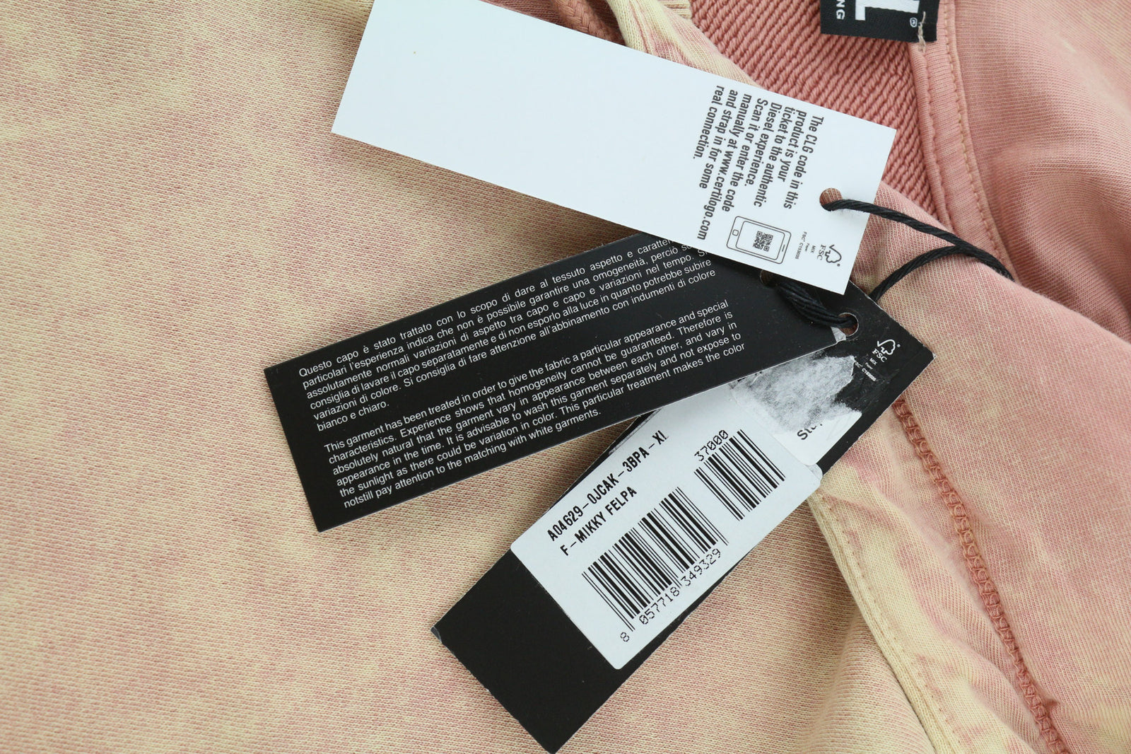 DIESEL F-Mikky moteriškas džemperis su gobtuvu, XL, persikų spalvos, asimetriškais gobtuvu ir kišenėmis, rekomenduojama kaina – 195 € 