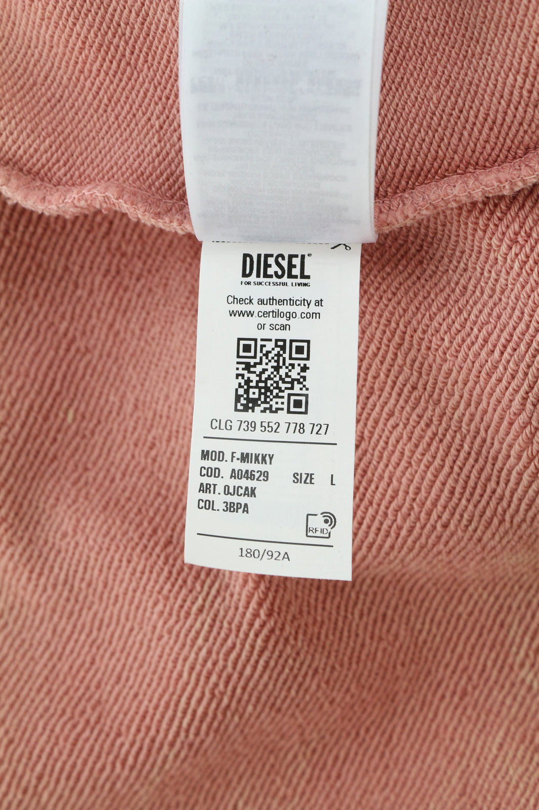 DIESEL F-Mikky moteriškas džemperis su gobtuvu L dydžio, persikų spalvos, asimetriškas megztinis su gobtuvu, rekomenduojama kaina – 195 € 