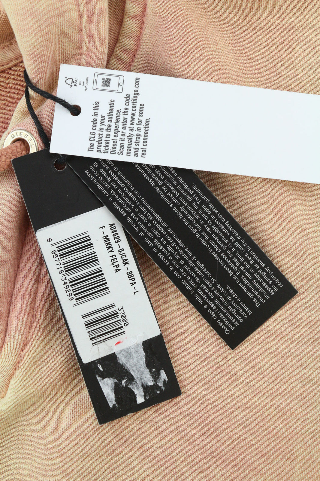 DIESEL F-Mikky moteriškas džemperis su gobtuvu L dydžio, persikų spalvos, asimetriškas megztinis su gobtuvu, rekomenduojama kaina – 195 € 