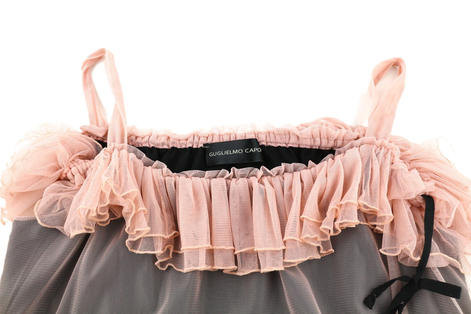 GUGLIELMO CAPONE lėlių moteriška suknelė 42 rožinė be rankovių tiulio su raukiniais ir logotipu, Midi ilgio 