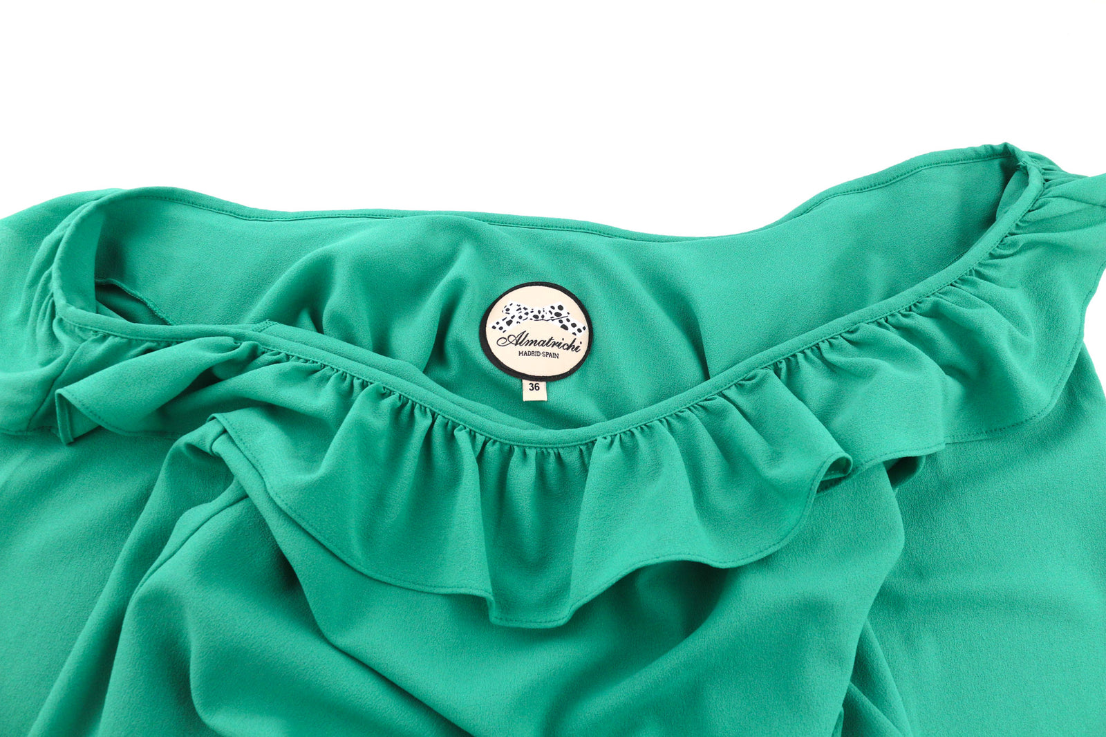 ALMATRICHI moteriška suknelė, 36 dydis, žalia, su raukiniais, ilgomis rankovėmis, atvira nugara, pamušalu, trumpi logotipai. 