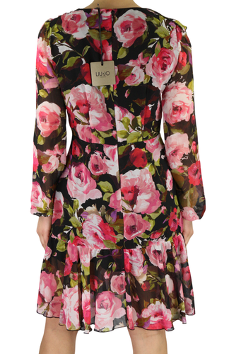 LIU JO Volant moteriška suknelė 40 gėlių rašto ilgomis rankovėmis, V formos iškirpte, užtrauktuku ir logotipu. 