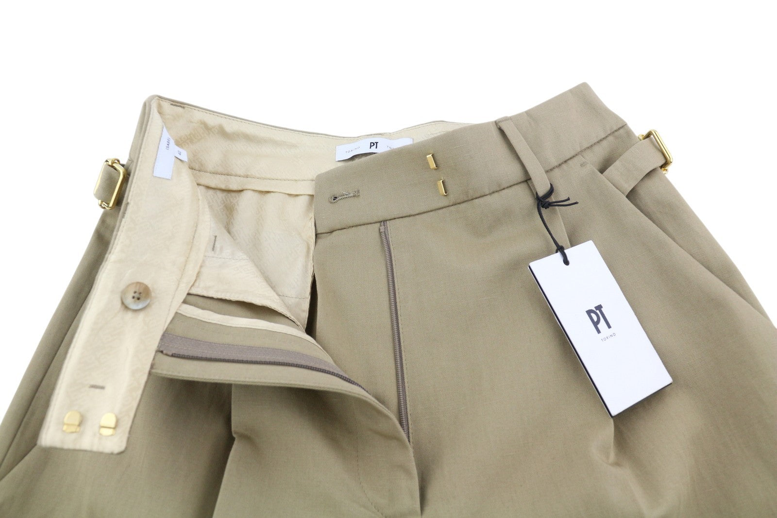 PT TORINO Isabel moteriškos kelnės 40 W26 smėlio spalvos lino mišinio klostuotos platėjančios RRP 350 € 