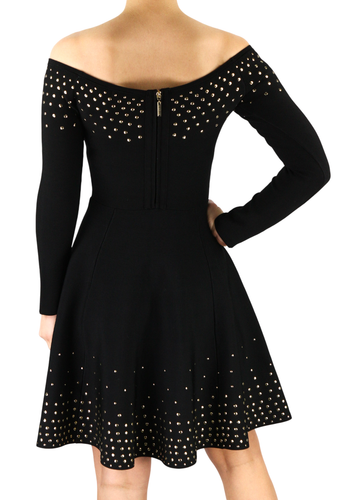 MARCIANO FOR GUESS moteriška suknelė M juoda ilgomis rankovėmis atvirais pečiais metalinėmis detalėmis 