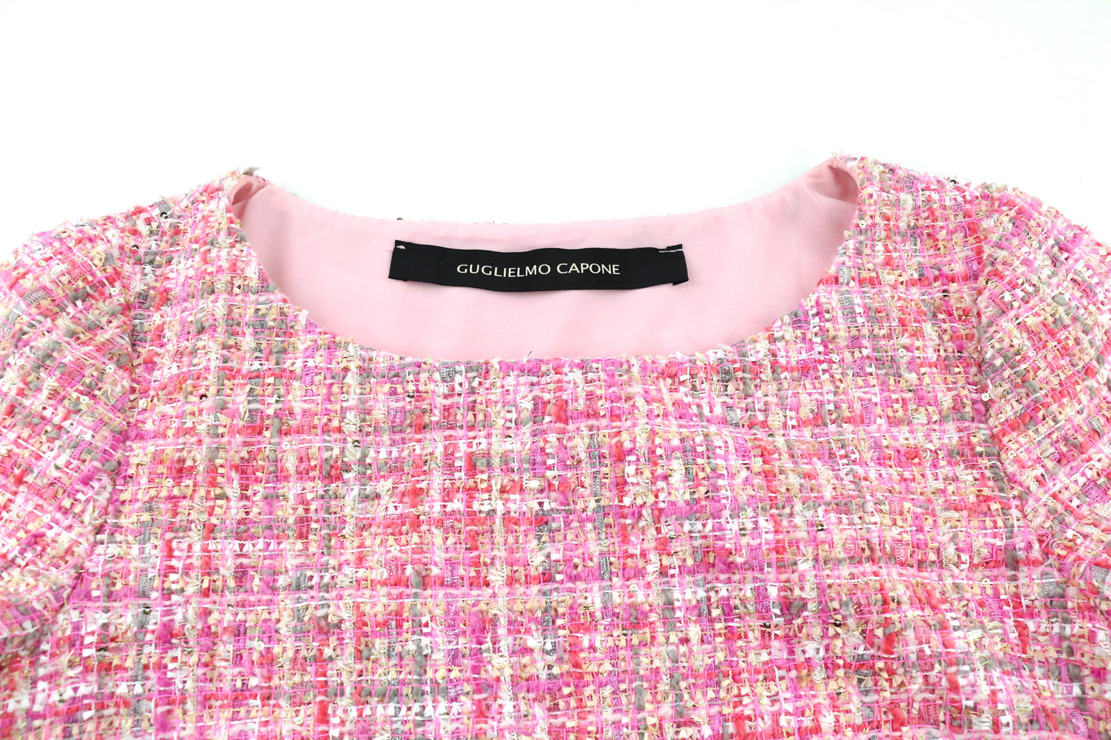 GUGLIELMOS CAPONE moteriška tvido suknelė ~S dydžio, su 3/4 rankovėmis, apvalia kaklo iškirpte, su kišene ir raštuotais šortais 