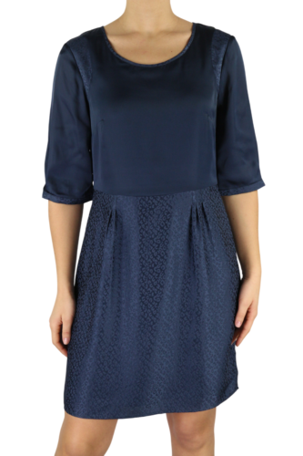 ONE STEP Ikks moteriška suknelė, 38 cm, tamsiai mėlyna, 3/4 rankovėmis, apvali kaklo iškirpte, šilkine, su užtrauktuku. 