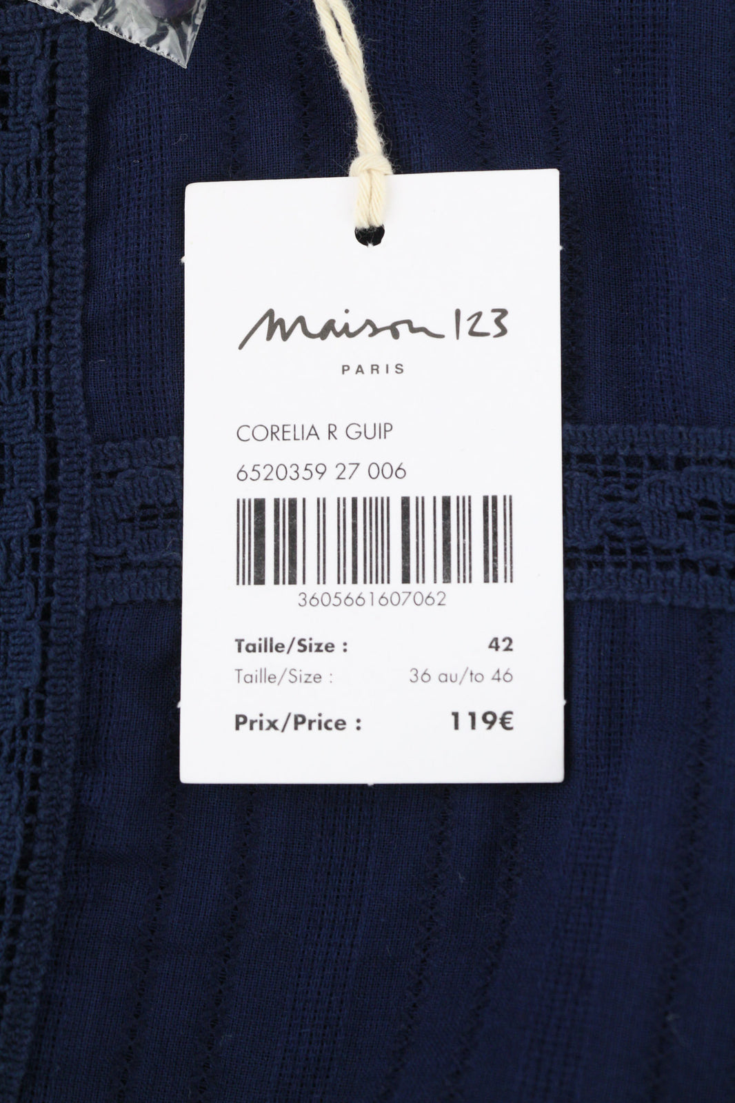 MAISON 123 Corelia R Guip moteriška suknelė 42 tamsiai mėlyna trumpomis rankovėmis su 1/4 sagomis 