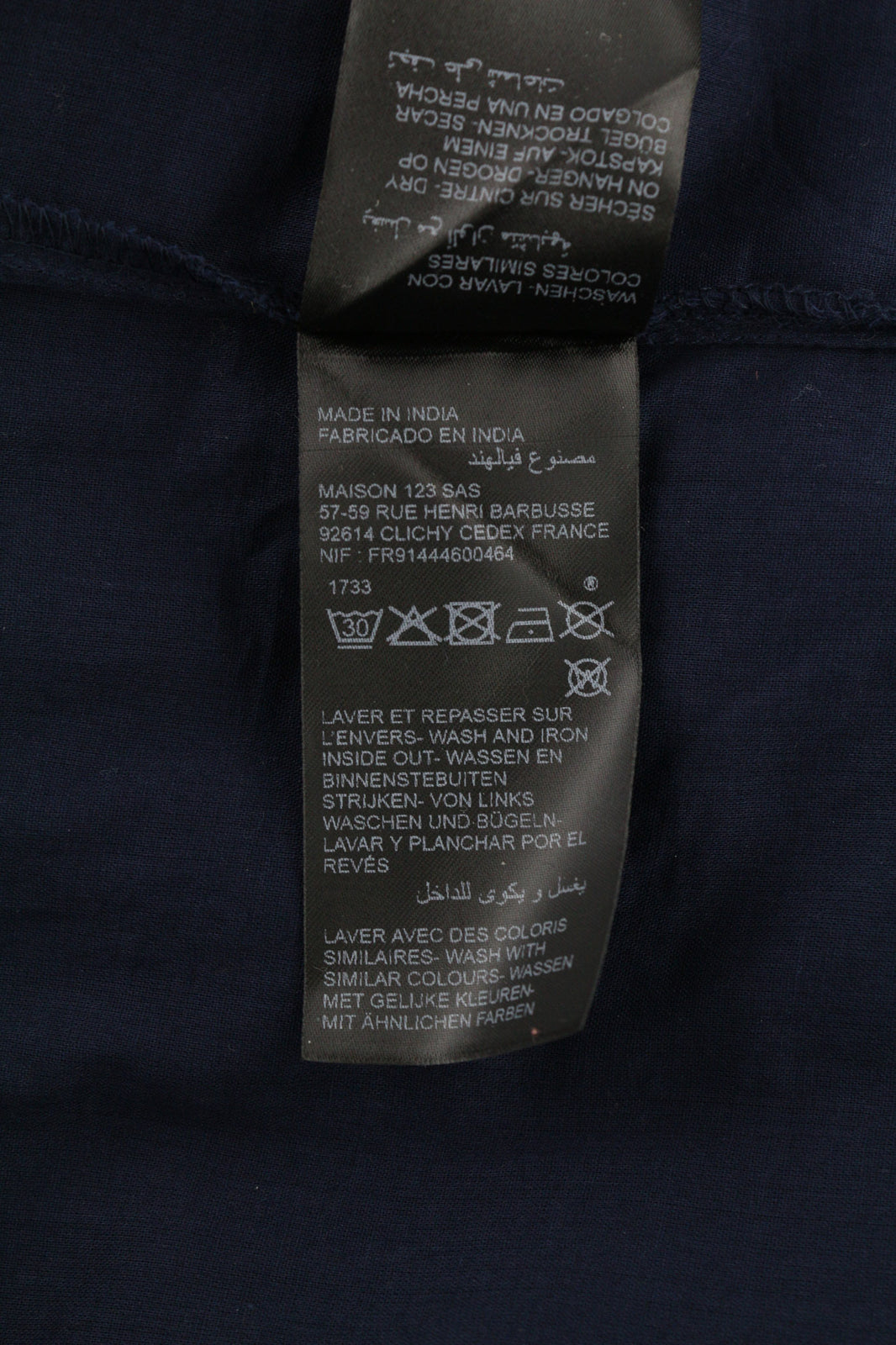 MAISON 123 Corelia R Guip moteriška suknelė 42 tamsiai mėlyna trumpomis rankovėmis su 1/4 sagomis 