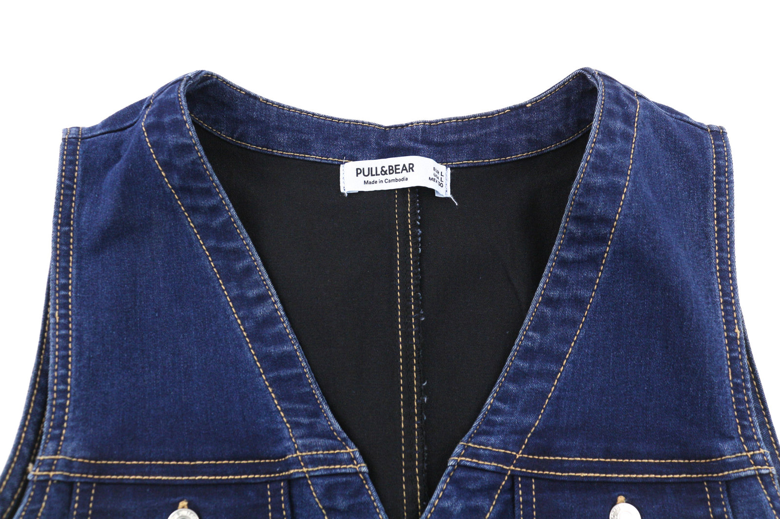 PULL&amp;BEAR moteriška suknelė L dydžio mėlyna džinsinė suknelė su V formos iškirpte, logotipu, be rankovių, kišenėmis, sagomis, trumpa 