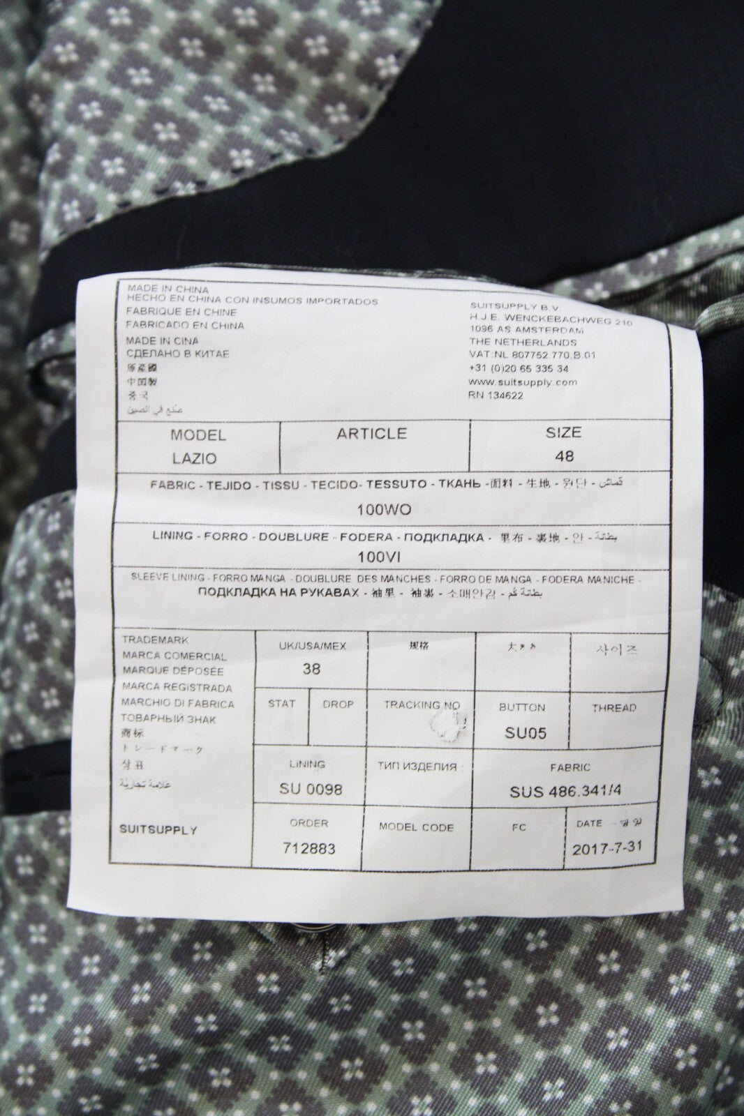 SUITSUPPLY Lazio švarkas, UK38, tamsiai mėlynas, vilnonis, vieneilis švarkas su ventiliacija 