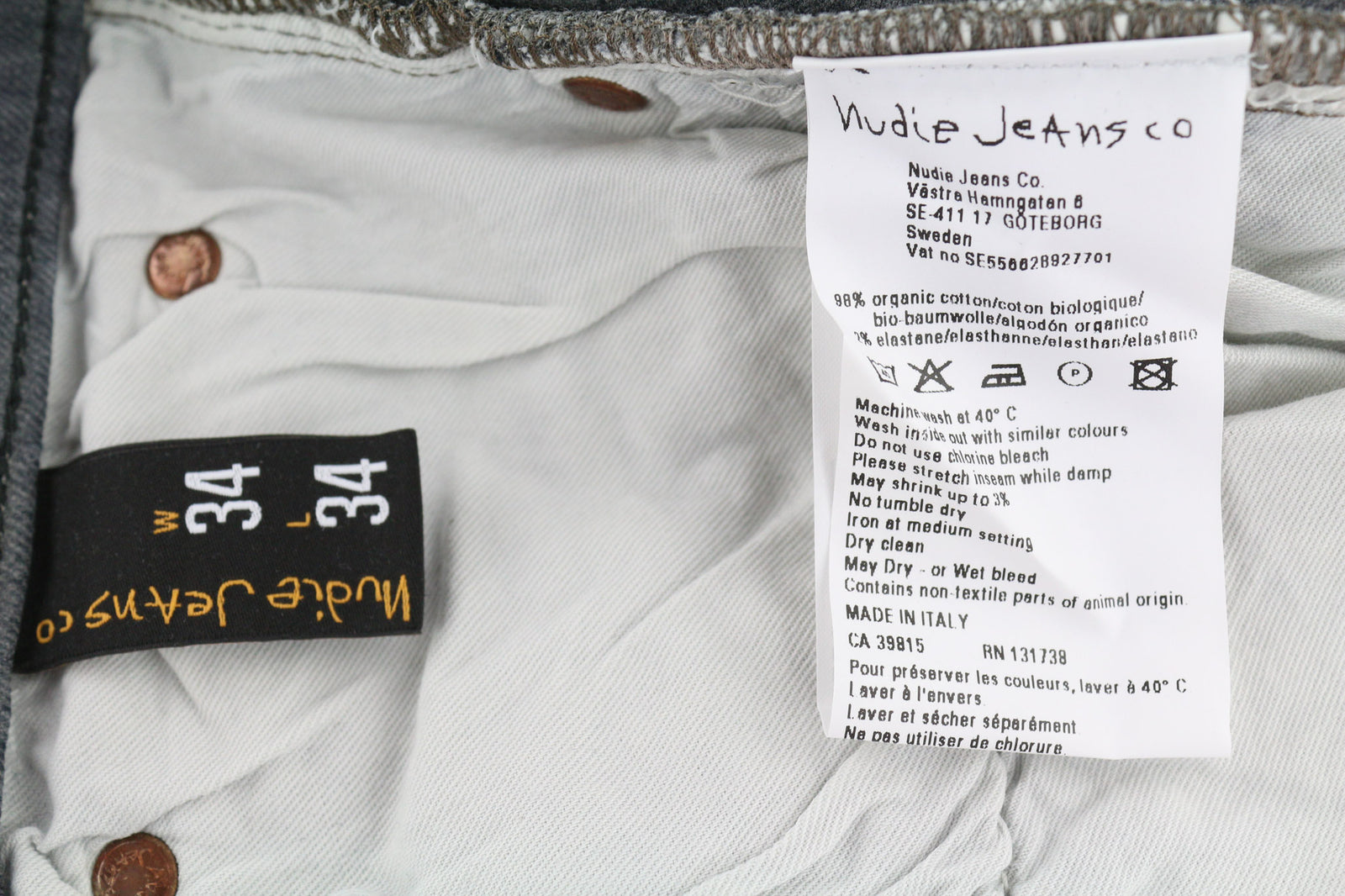 NUDIE JEANS Tight Long John Men Jeans W34/L34 Organic Charcoal Slim Fit Logo