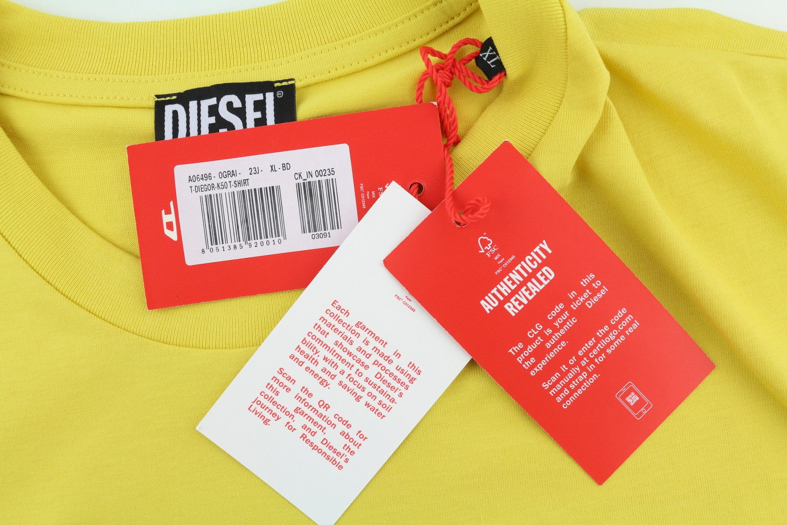 DIESEL T-Diegor-K50 Men T-Shirt XL Yellow Short Sleeved Crew Neck Tricot Cotton