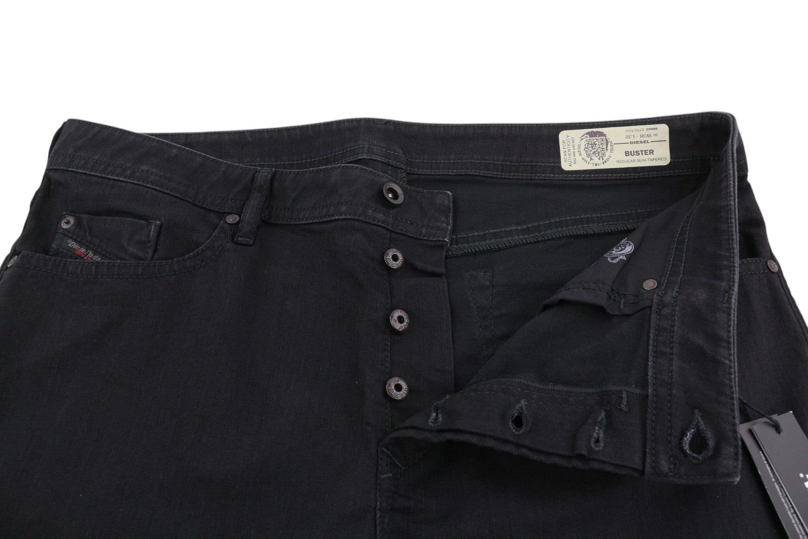 DIESEL Buster 0886Z vyriški džinsai W38/L32 Regular Slim Tapered Fit su sagomis, tamsūs 