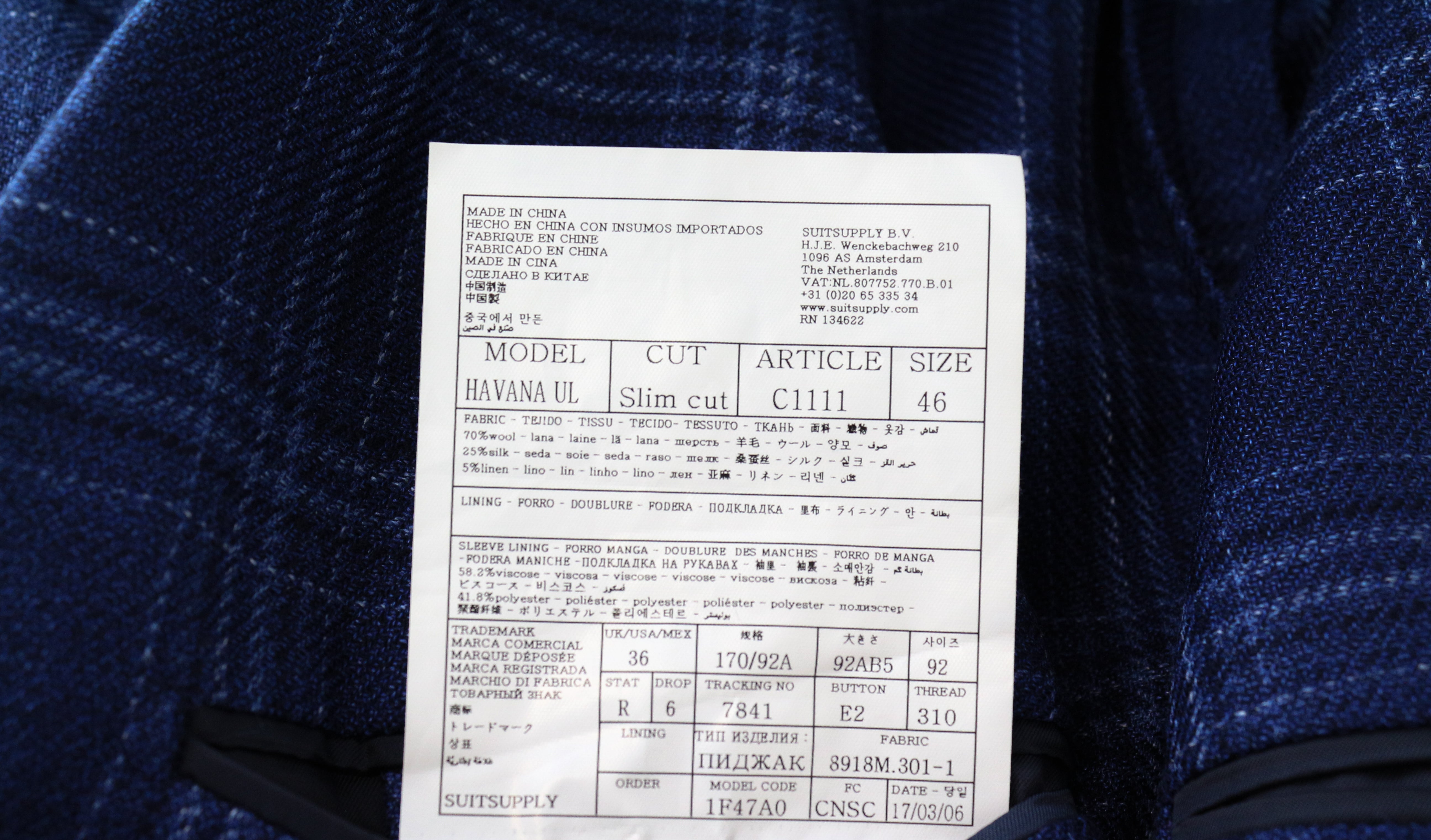 SUITSUPPLY vyriškas švarkas „Havana“ – 36R languotas mėlynas vilnonis, šilkinis, lininis, plonas kirpimas 