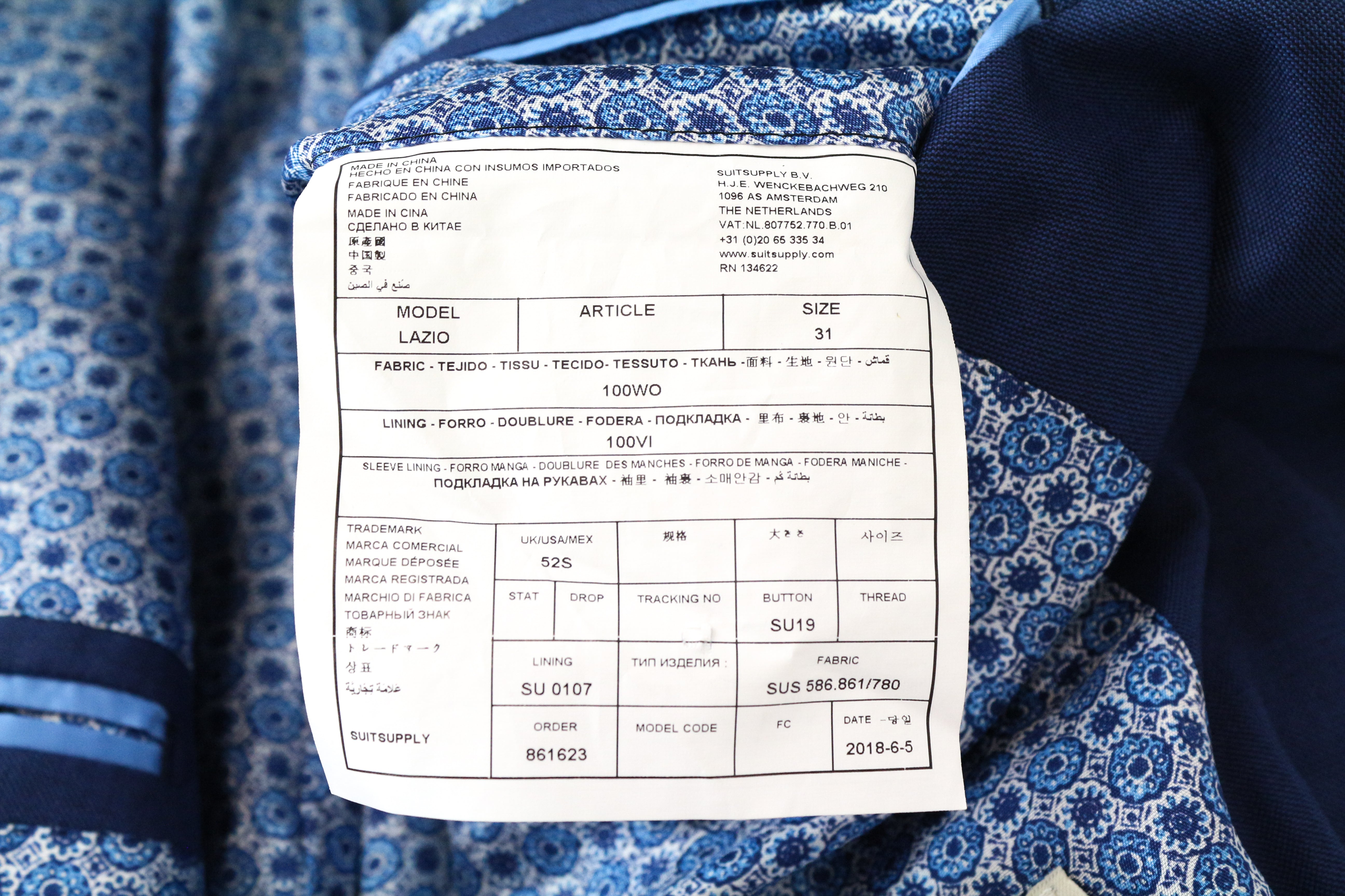 SUITSUPPLY Lazio UK52S Men's Blazer Blue Wool Lined Formal Buttoned