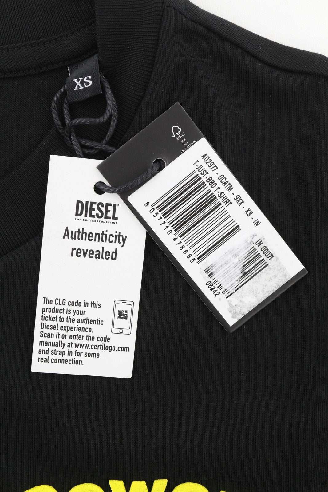 DIESEL T-Just-B60 vyriški marškinėliai XS, juodi, trumpomis rankovėmis, apvalia apykakle, trikotažo raštu 