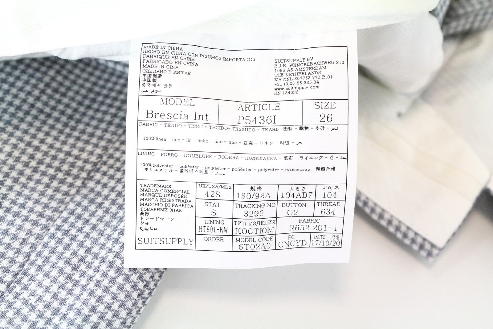 SUITSUPPLY Brescia UK42S vyriškos pilkos lininės klostuotos raštuotos kelnės 