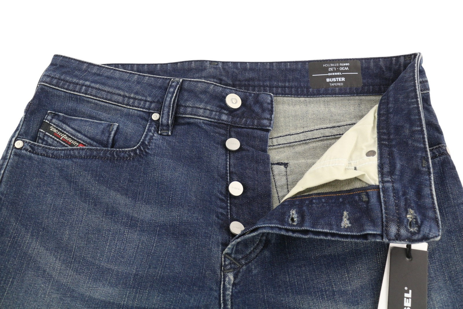 DIESEL Buster 084TU vyriški džinsai W30/L32 siaurėjantys, tamprūs, mėlyni, su sagomis 