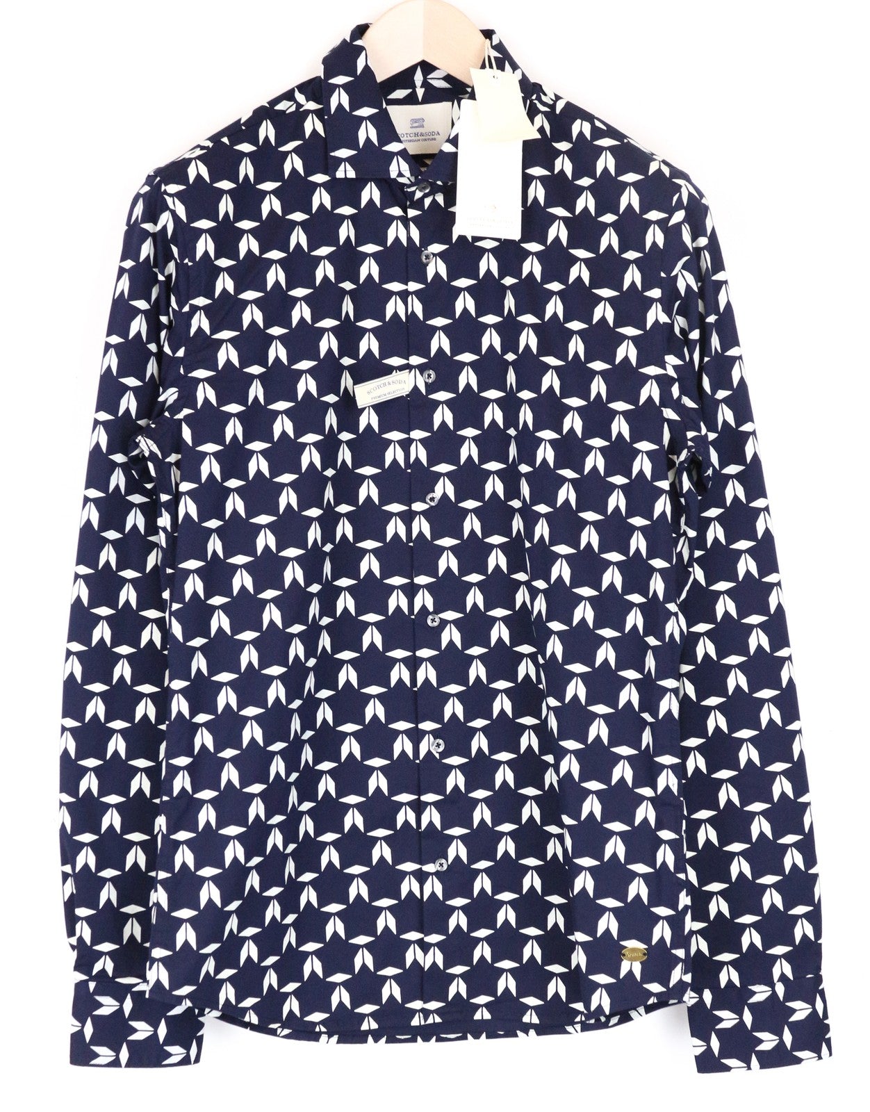 SCOTCH &amp; SODA Ams Couture vyriški marškinėliai, M dydžio, ploni, tamsiai mėlyni, raštuoti, tamprūs medvilnės mišinio marškinėliai 