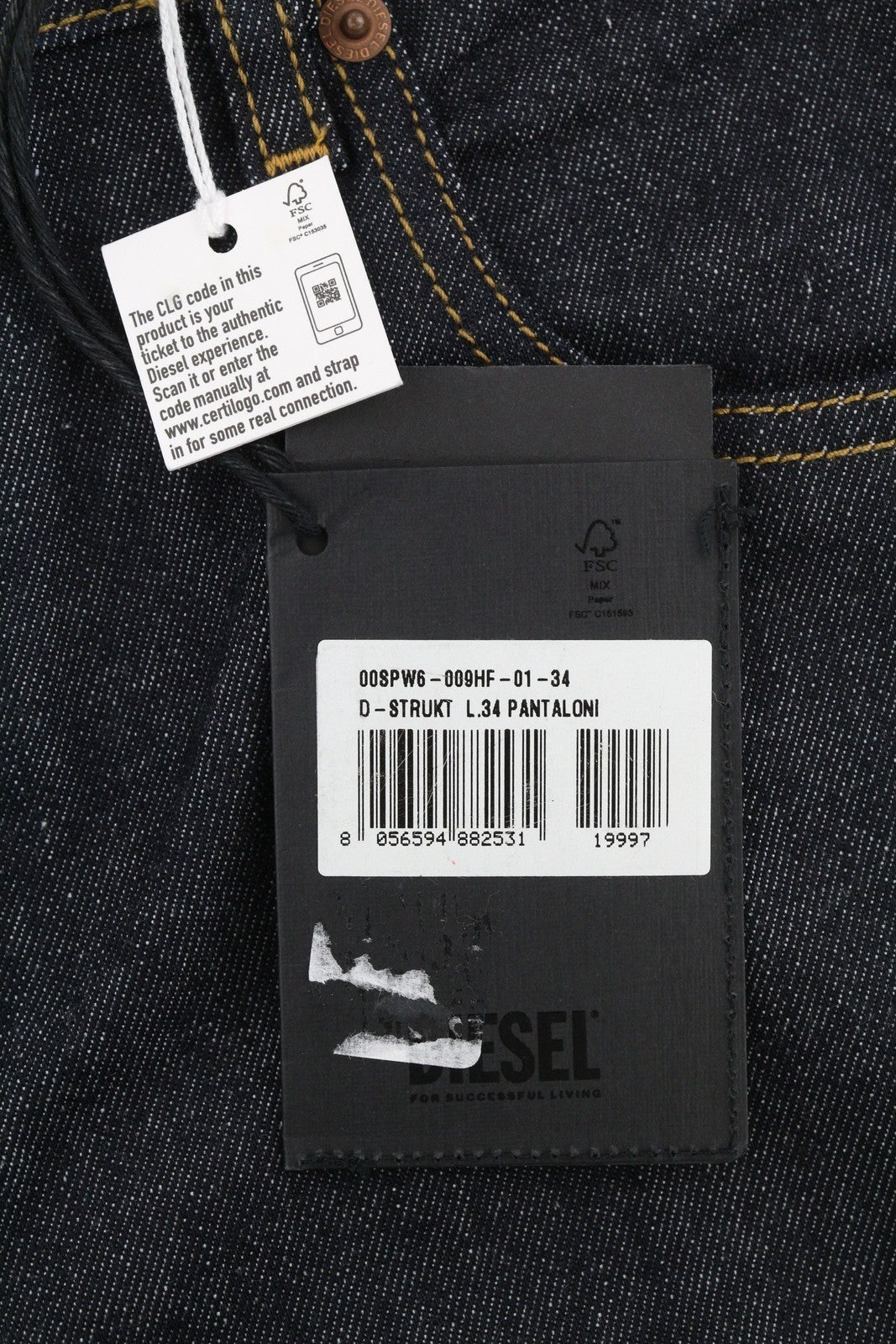 DIESEL D-Strukt 009HF vyriški džinsai W34/L34 Slim Fit su tampriu užtrauktuku, tamsiai mėlyni 