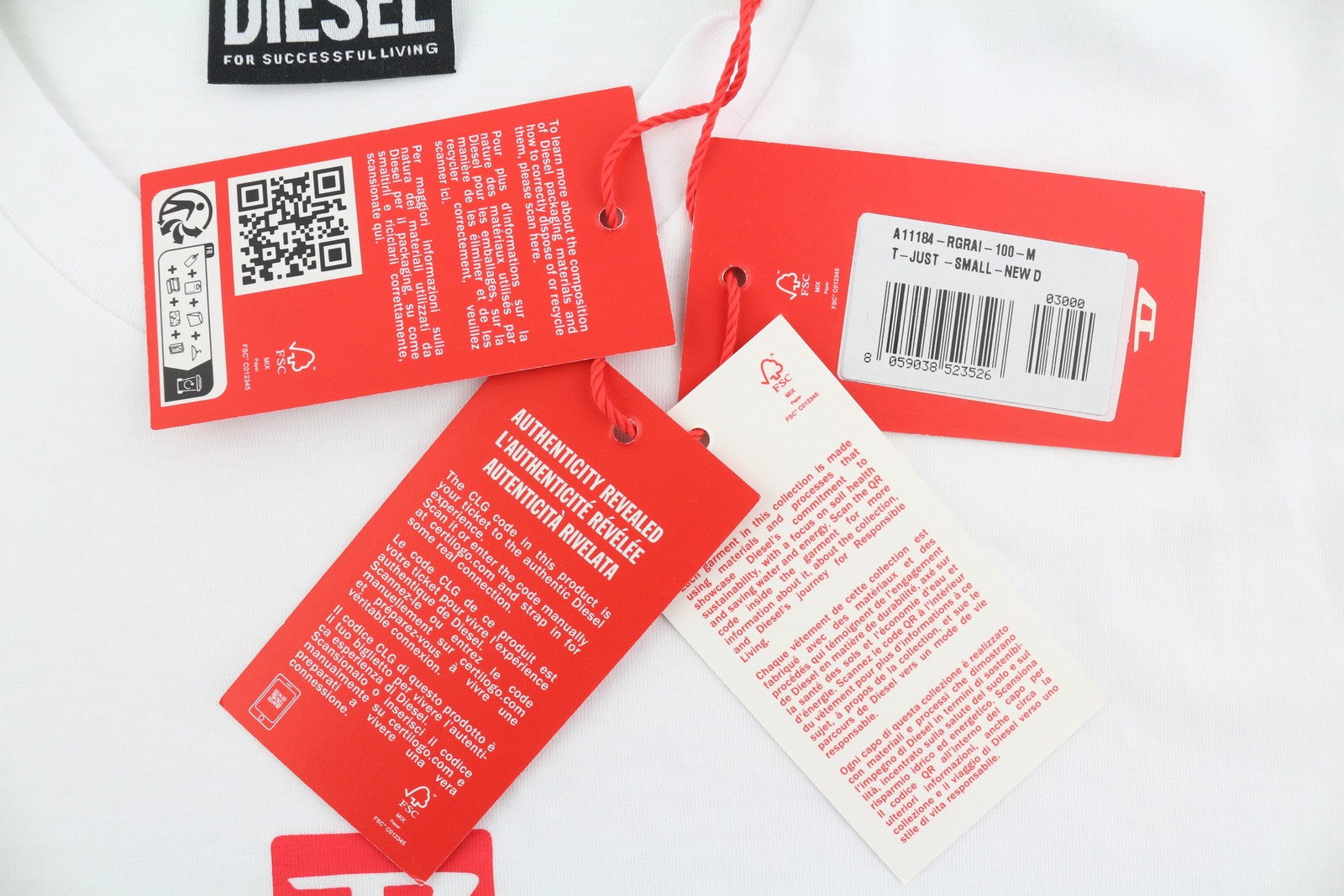 DIESEL T-Just-Small-New D Logo vyriški marškinėliai M balti trumpomis rankovėmis su medvilniniais įtvarais 