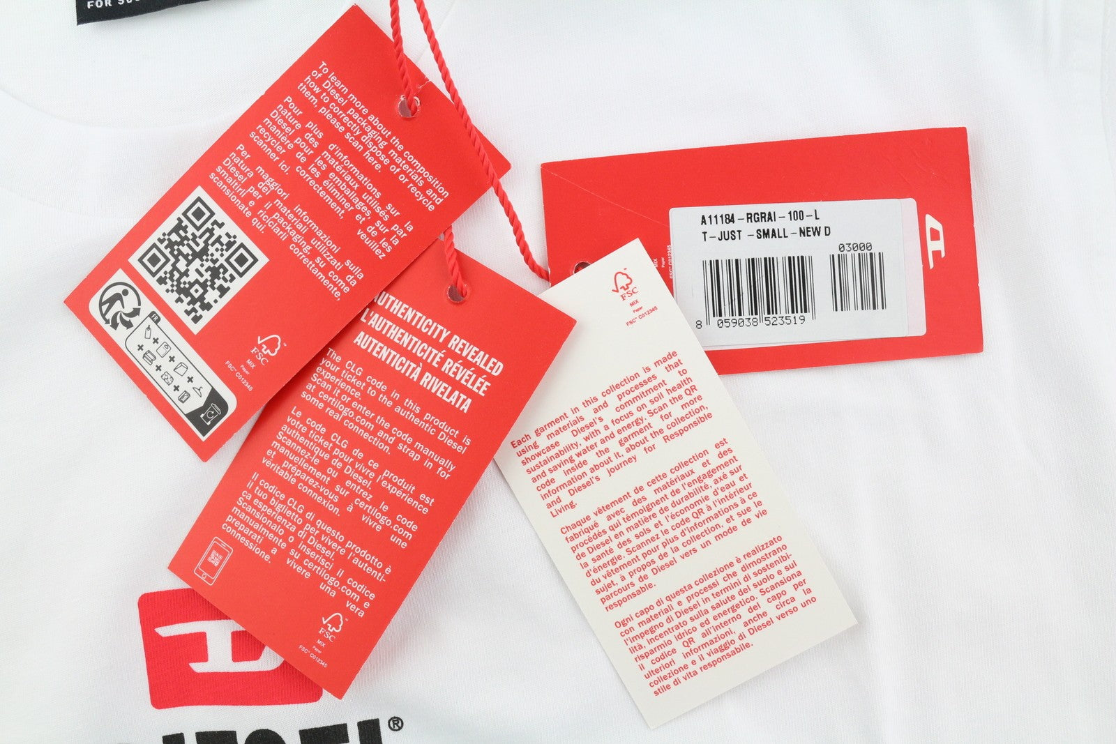 DIESEL T-Just-Small-New D Logo vyriški marškinėliai L dydžio, balti, trumpomis rankovėmis, medvilniniai 