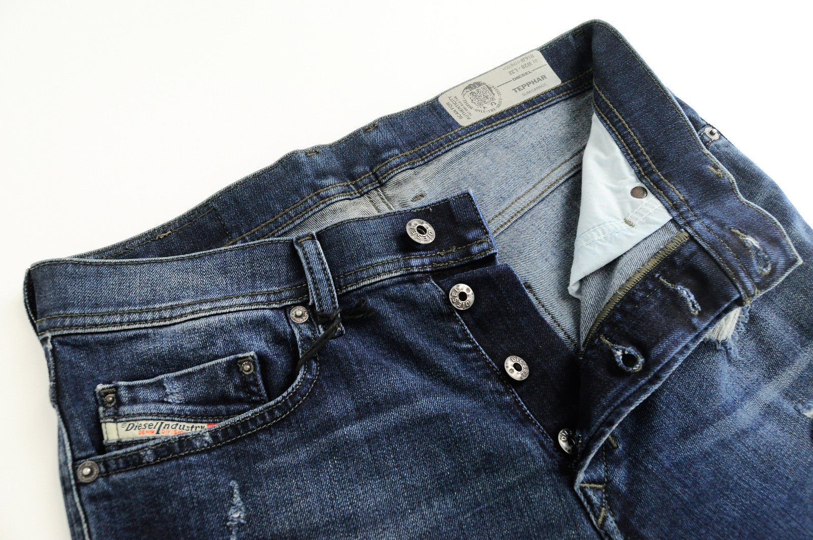 DIESEL Tepphar R14J8 vyriški džinsai W28/L32 Slim morkų mėlynos spalvos plėšyti tamprūs džinsai 