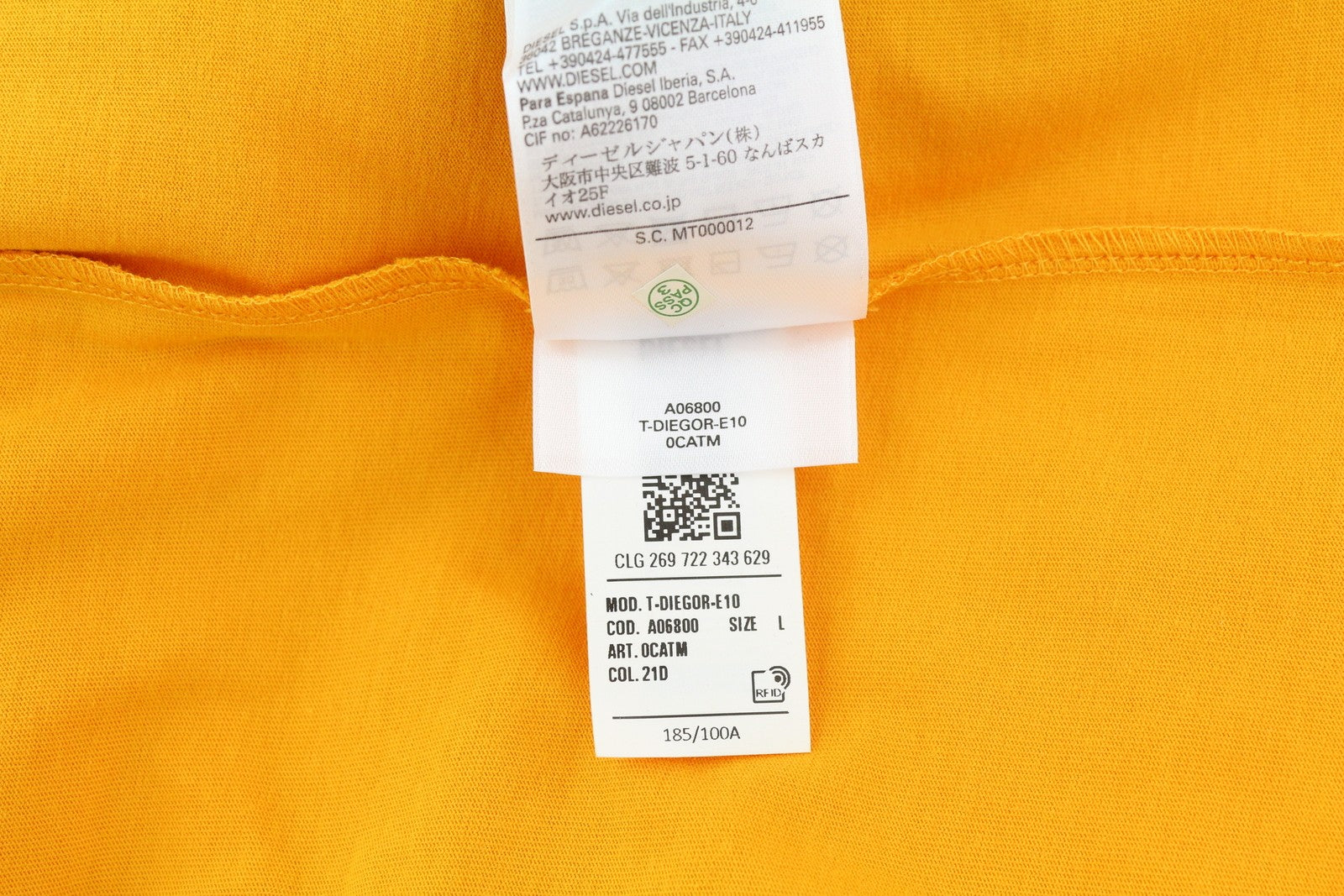 DIESEL T-Diegor-E10 Men T-Shirt L Orange Short Sleeve Crew Neck Tricot Logo