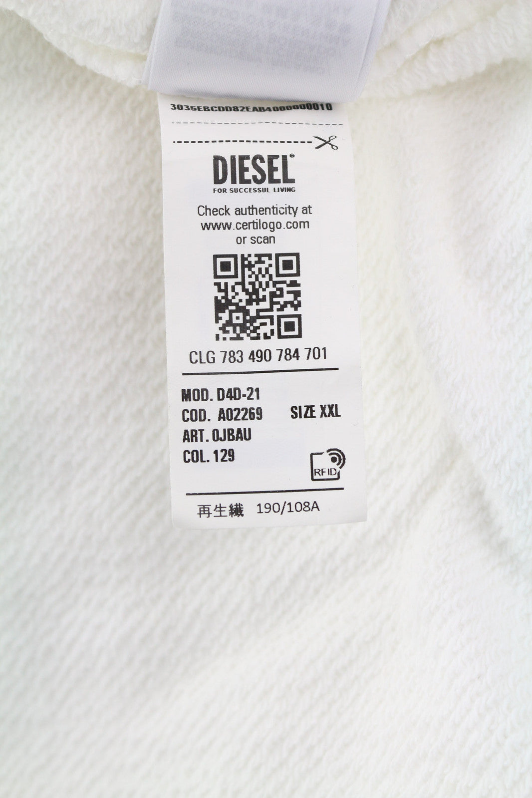 DIESEL D4D-21 vyriškas džemperis su gobtuvu, 2XL dydžio, baltas medvilninis megztinis su kengūros kišene, rekomenduojama kaina – 175 € 