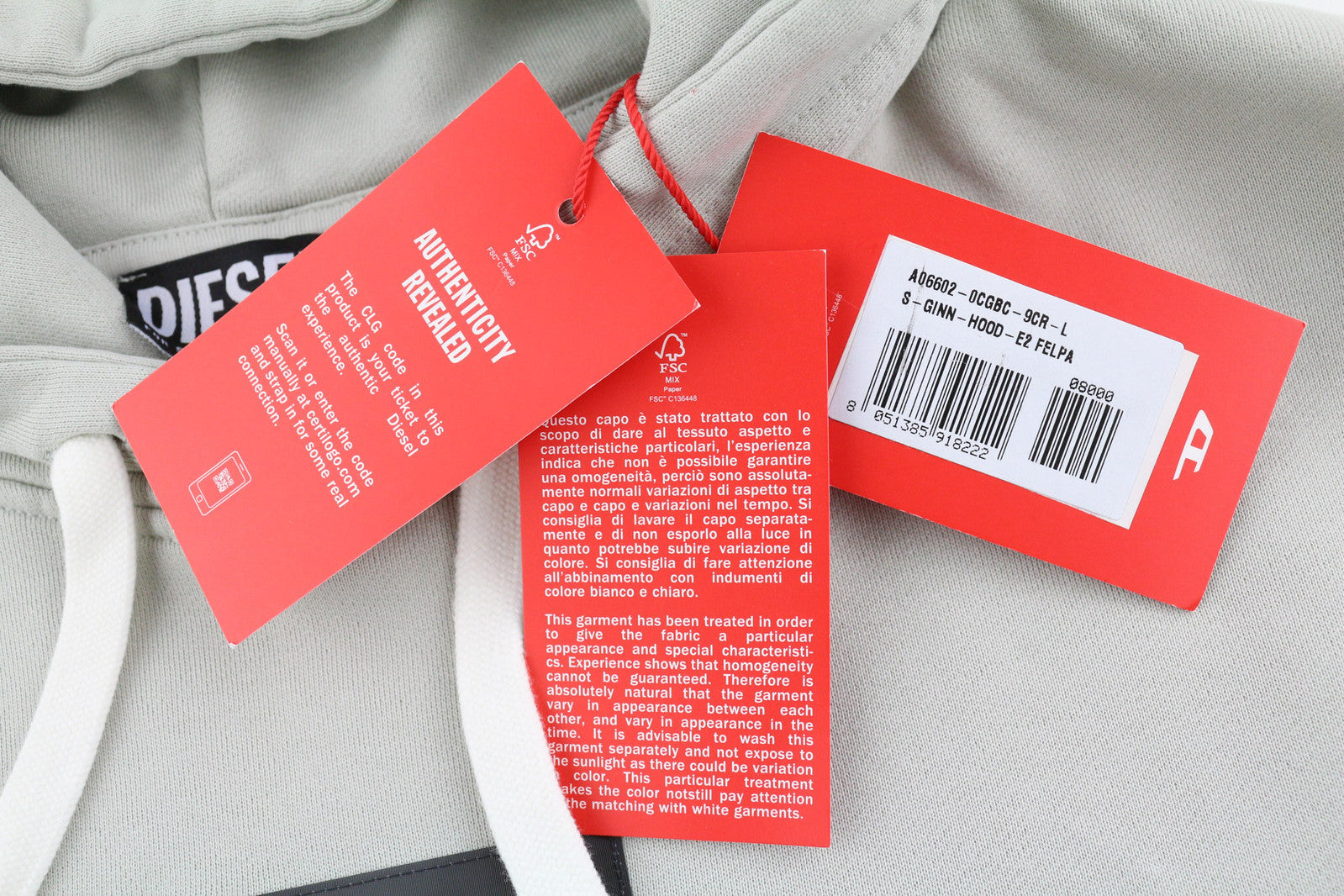 DIESEL S-Ginn-Hood-E2 vyriškas džemperis su gobtuvu, L dydžio, pilkas, megztinis su kengūra, didelis, rekomenduojama kaina – 195 € 