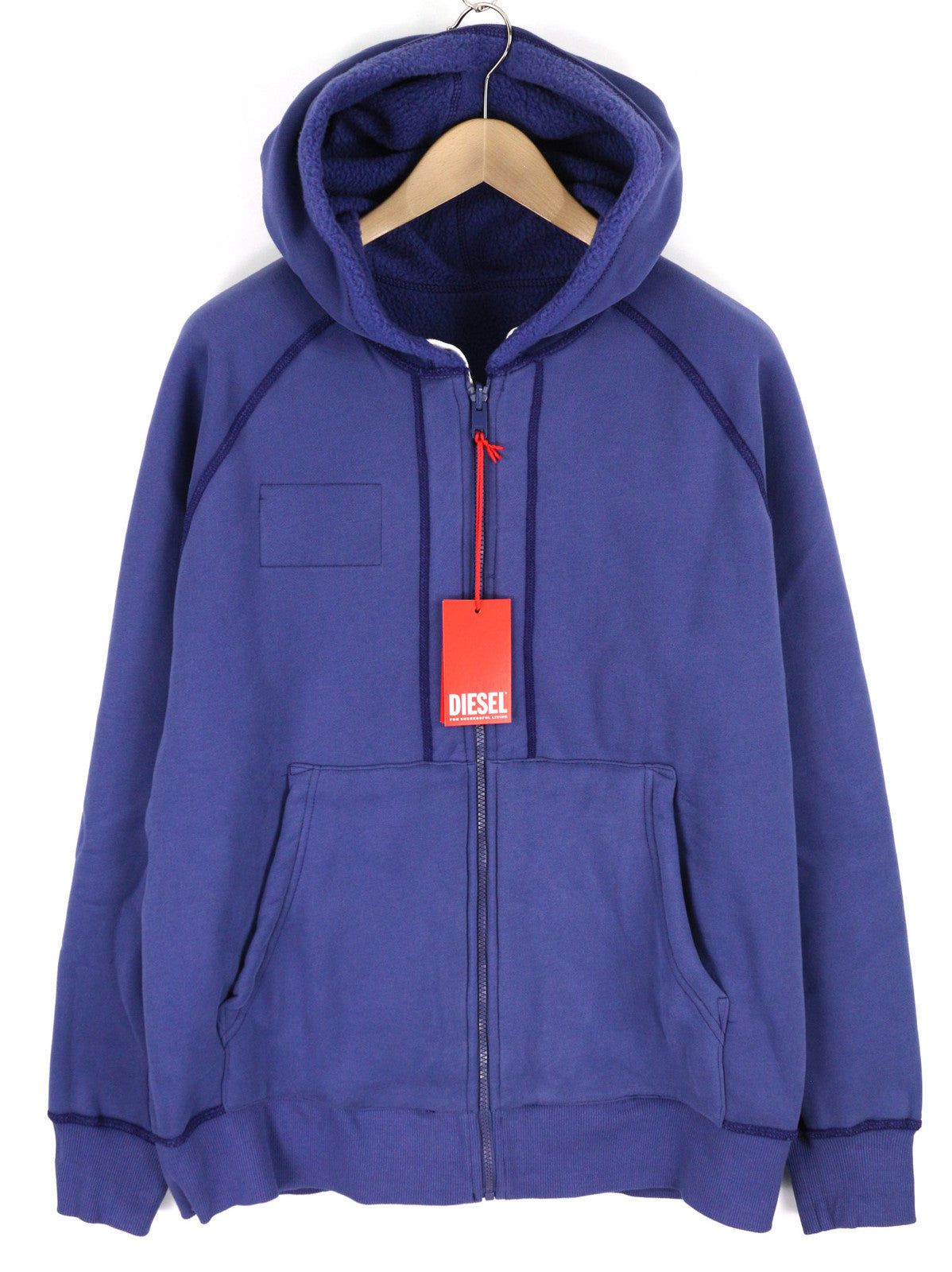 DIESEL S-Rummes-Zip-Rev vyriškas džemperis su gobtuvu, L, mėlynas, rekomenduojama kaina – 250 €, su didelėmis flisinėmis kišenėmis. 