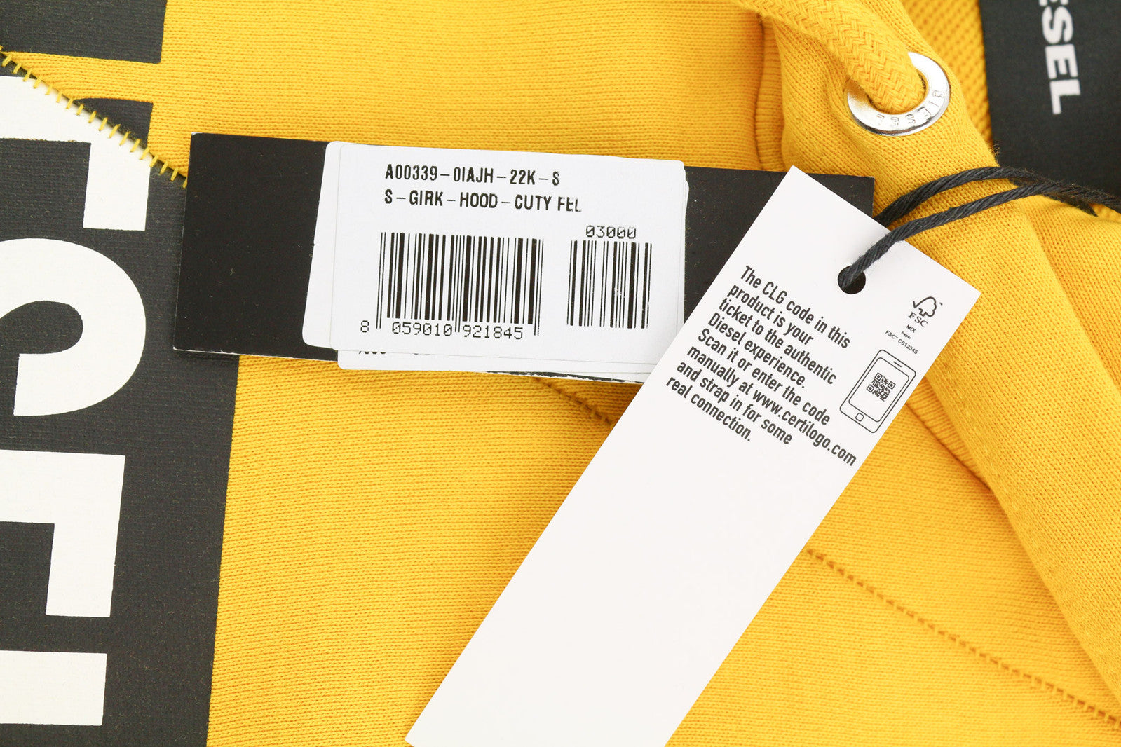 DIESEL S-Girk-Hood-Cuty vyriškas džemperis su gobtuvu S dydžio, geltonas, megztinis su kengūra, didelis dydis, RRP140 