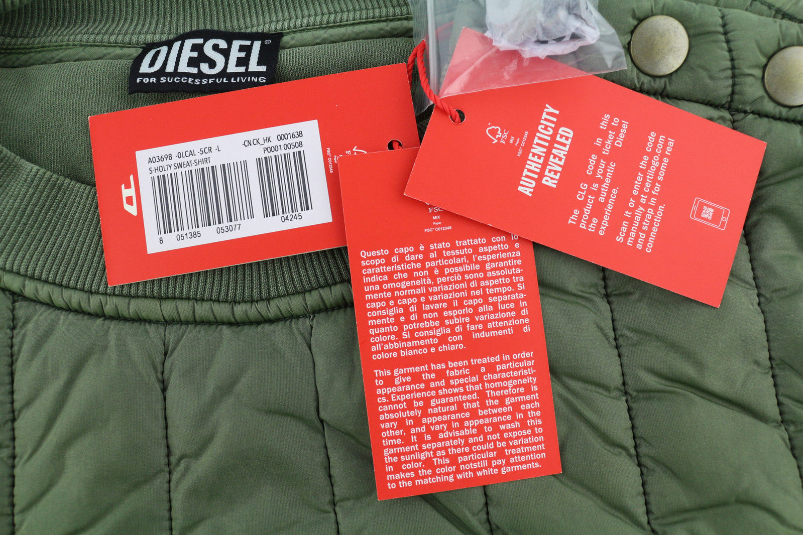 DIESEL S-Holty vyriškas džemperis L dydžio, žalias, su pašiltinimu, dygsniuotas, RRP 225 € 