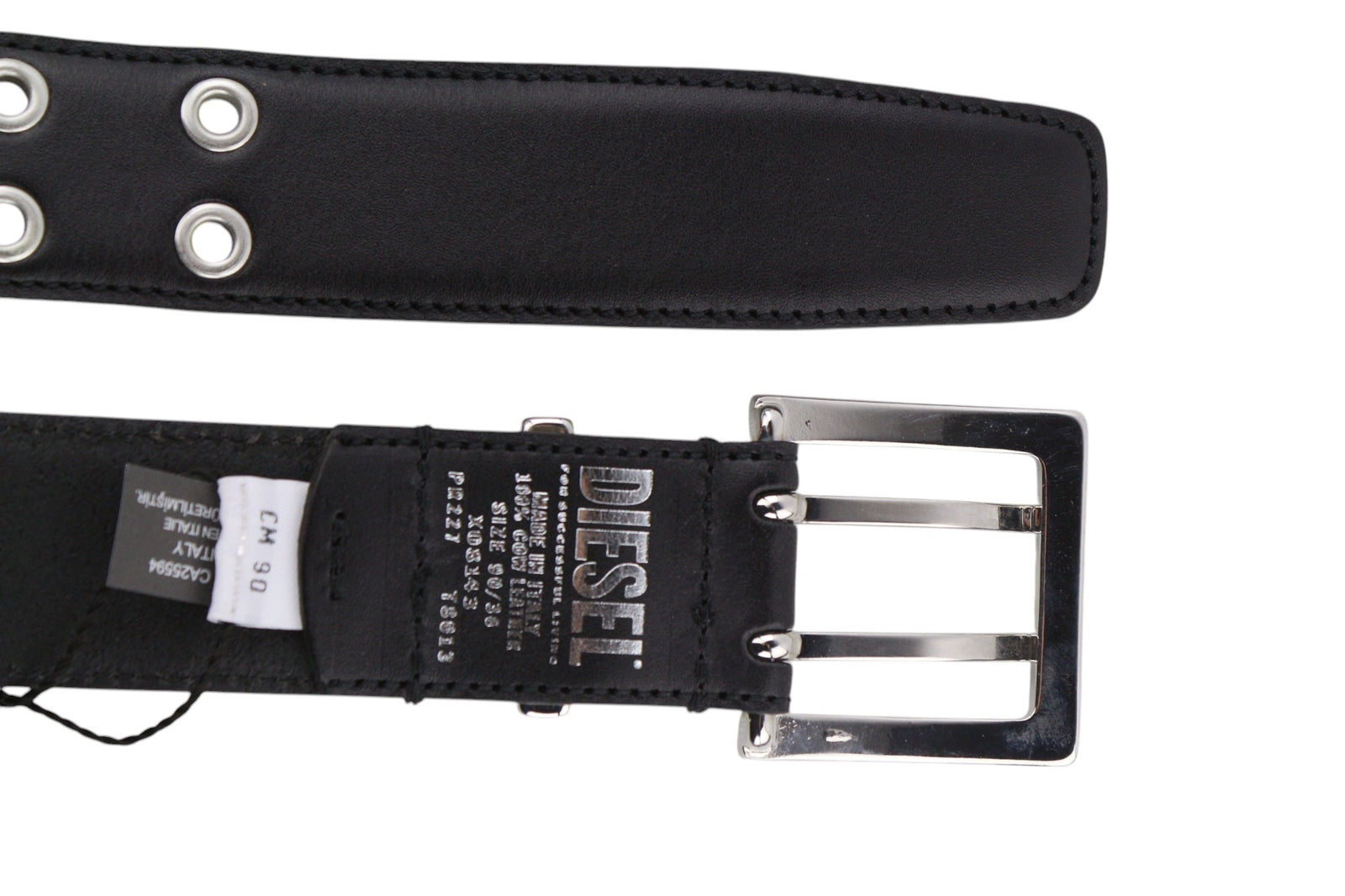 DIESEL B-Rock vyriškas diržas, 90 cm, juodas, 100 % odinis, su kilpelėmis, rekomenduojama kaina – 80 € 