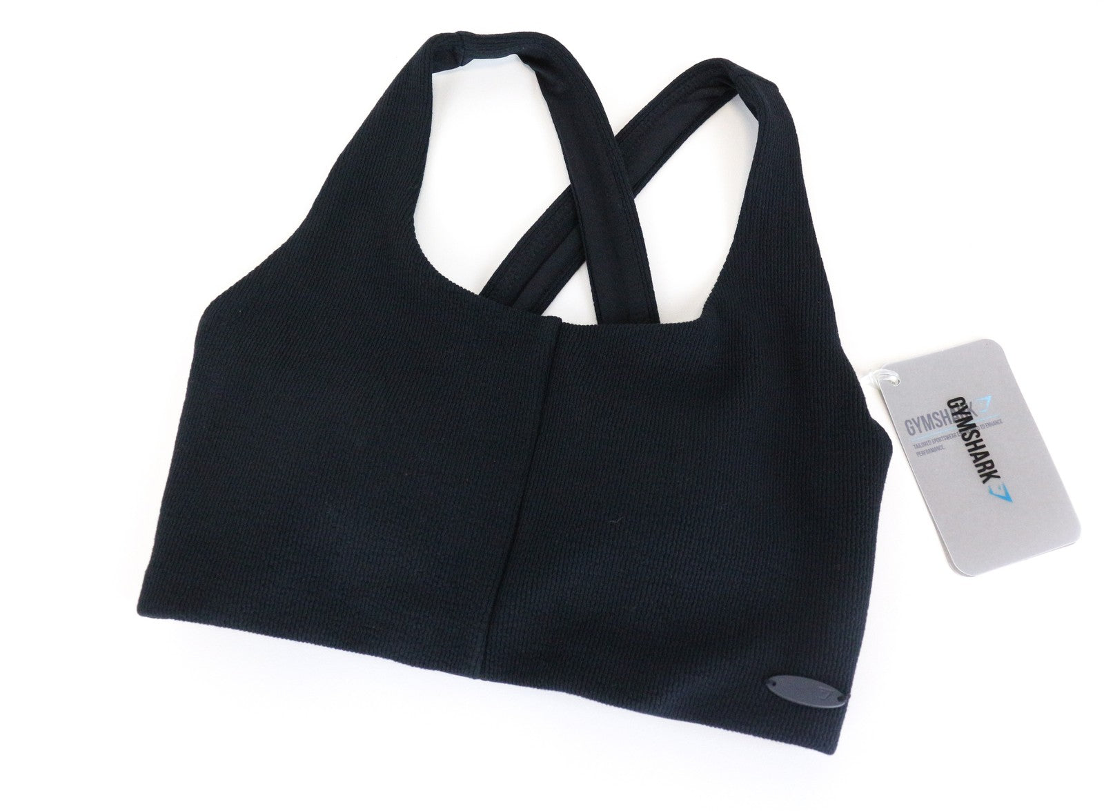 GYMSHARK XS Poise sportinė liemenėlė, juoda, tampri, be rankovių, su kryžminėmis petnešėlėmis 