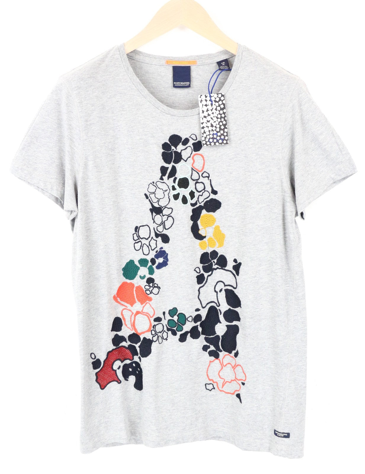 SCOTCH &amp; SODA Ams Blauw vyriški pilki medvilniniai marškinėliai M su siuvinėtomis trumpomis rankovėmis 