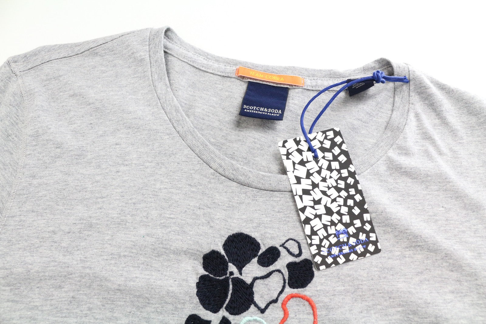 SCOTCH &amp; SODA Ams Blauw vyriški pilki medvilniniai marškinėliai M su siuvinėtomis trumpomis rankovėmis 